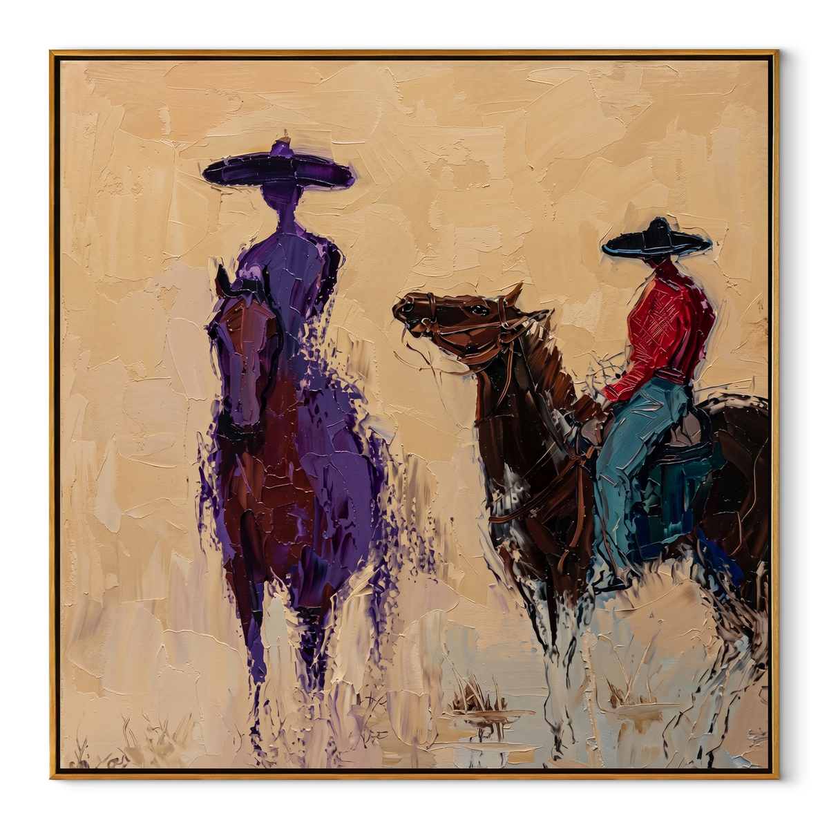 Two Riders Blur Together equestrian horse painting, square canvas artwork