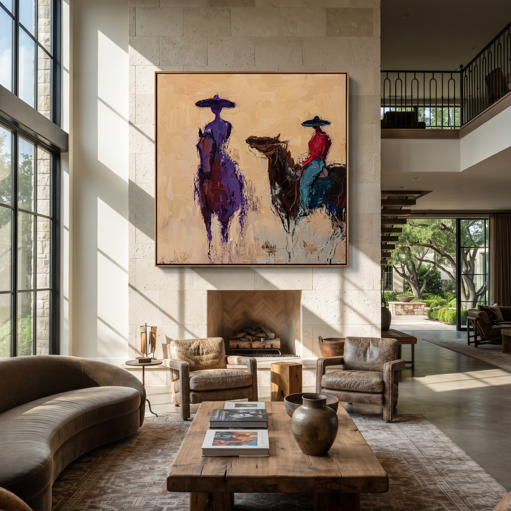 Two Riders Blur Together displayed in a layered residential setting