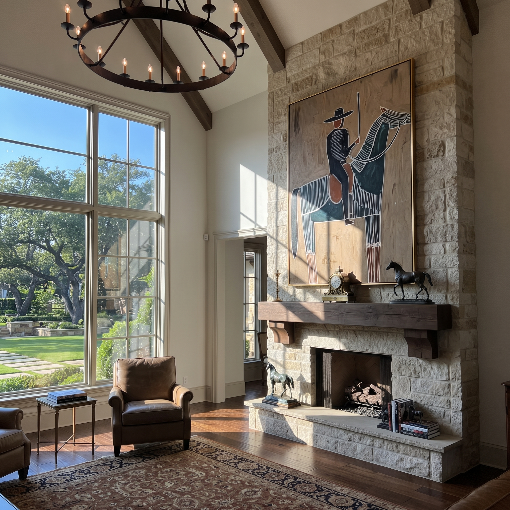 Striped Pair Faces West styled with wood, linen, and modern decor