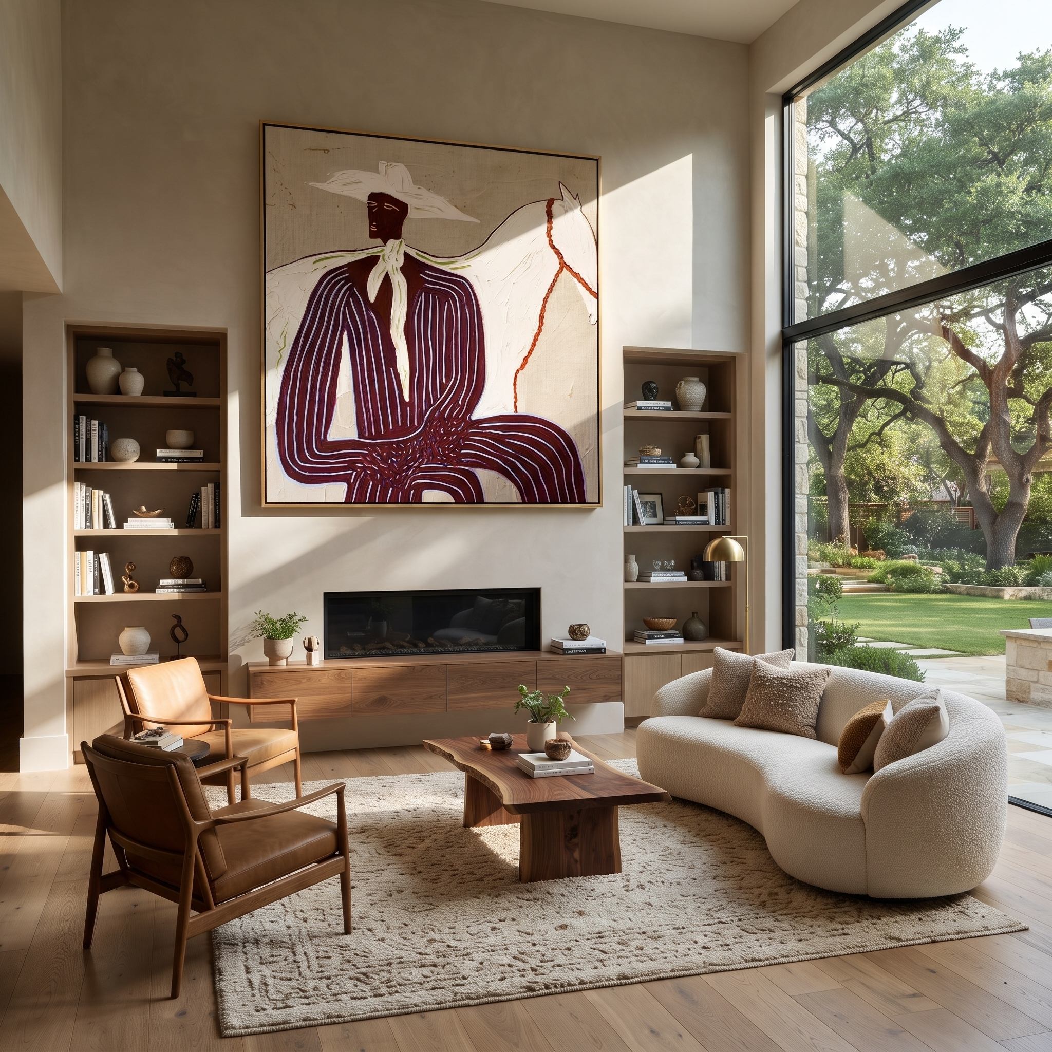 White Horse behind Rider displayed in a collected contemporary interior