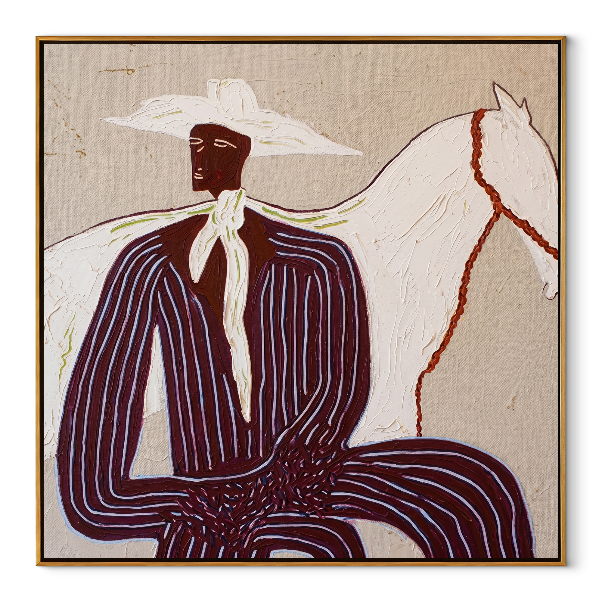 White Horse behind Rider equestrian horse painting, square canvas artwork