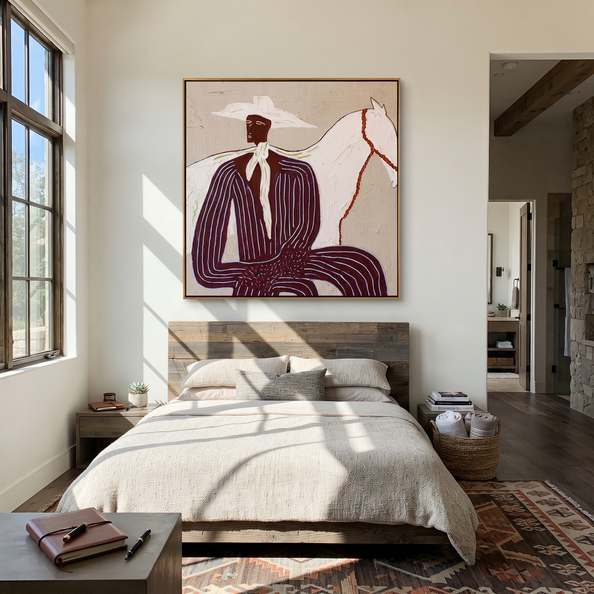 White Horse behind Rider displayed in a layered residential setting
