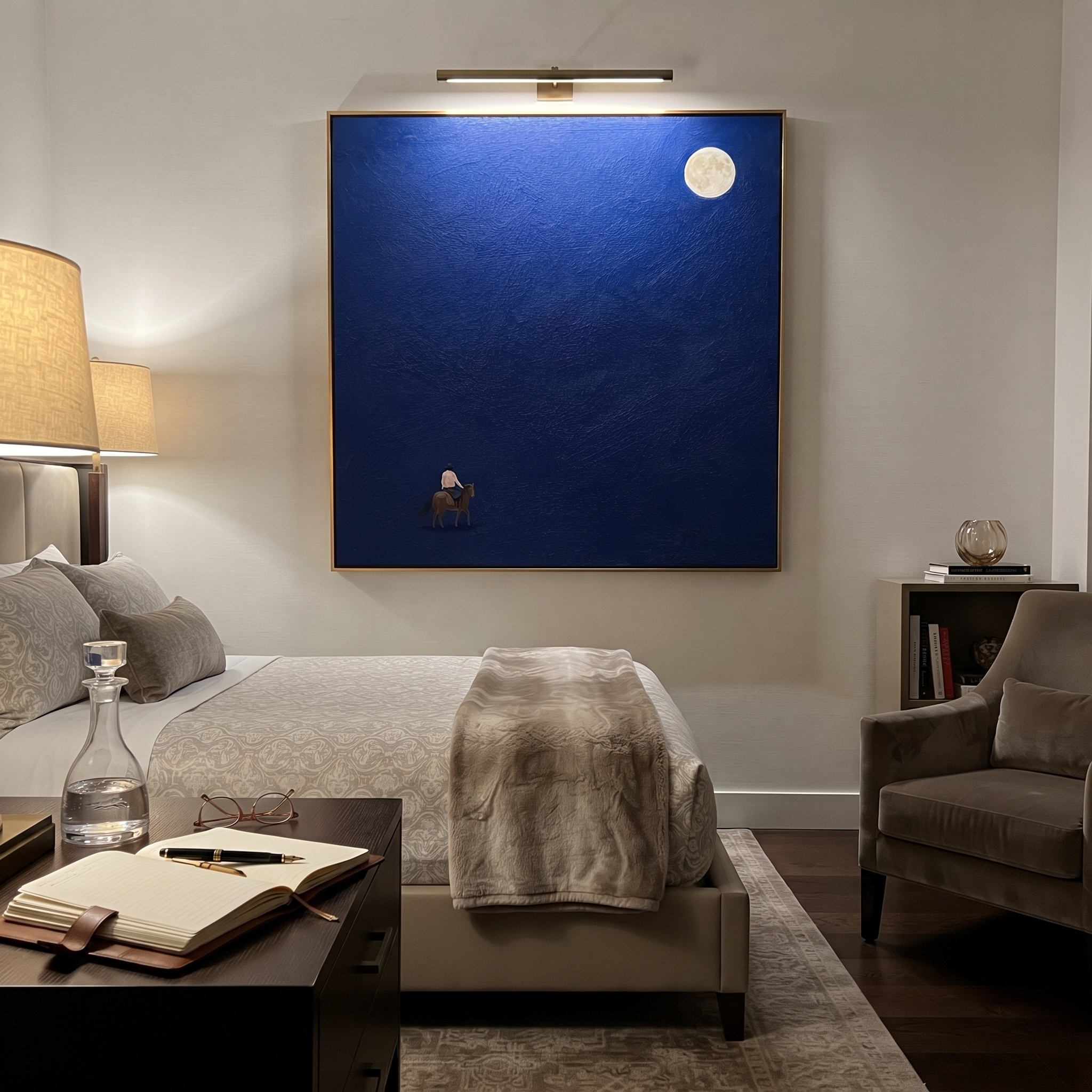 Small Rider Beneath Moon styled with warm modern furnishings