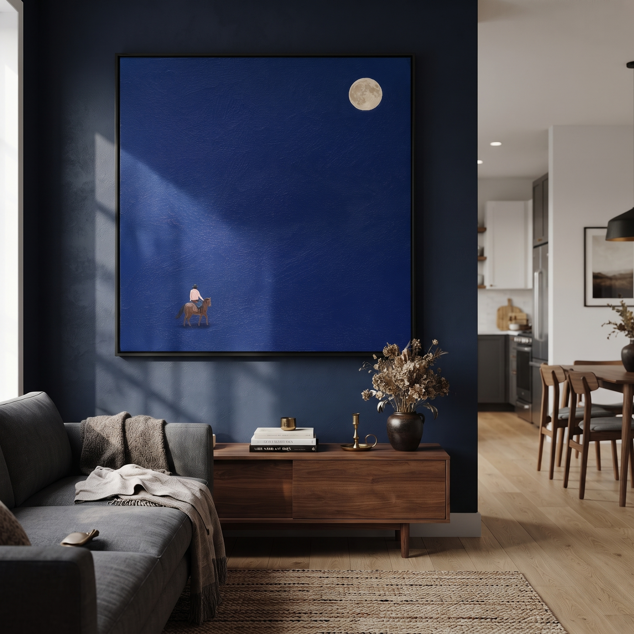 Small Rider Beneath Moon styled with wood, linen, and modern decor