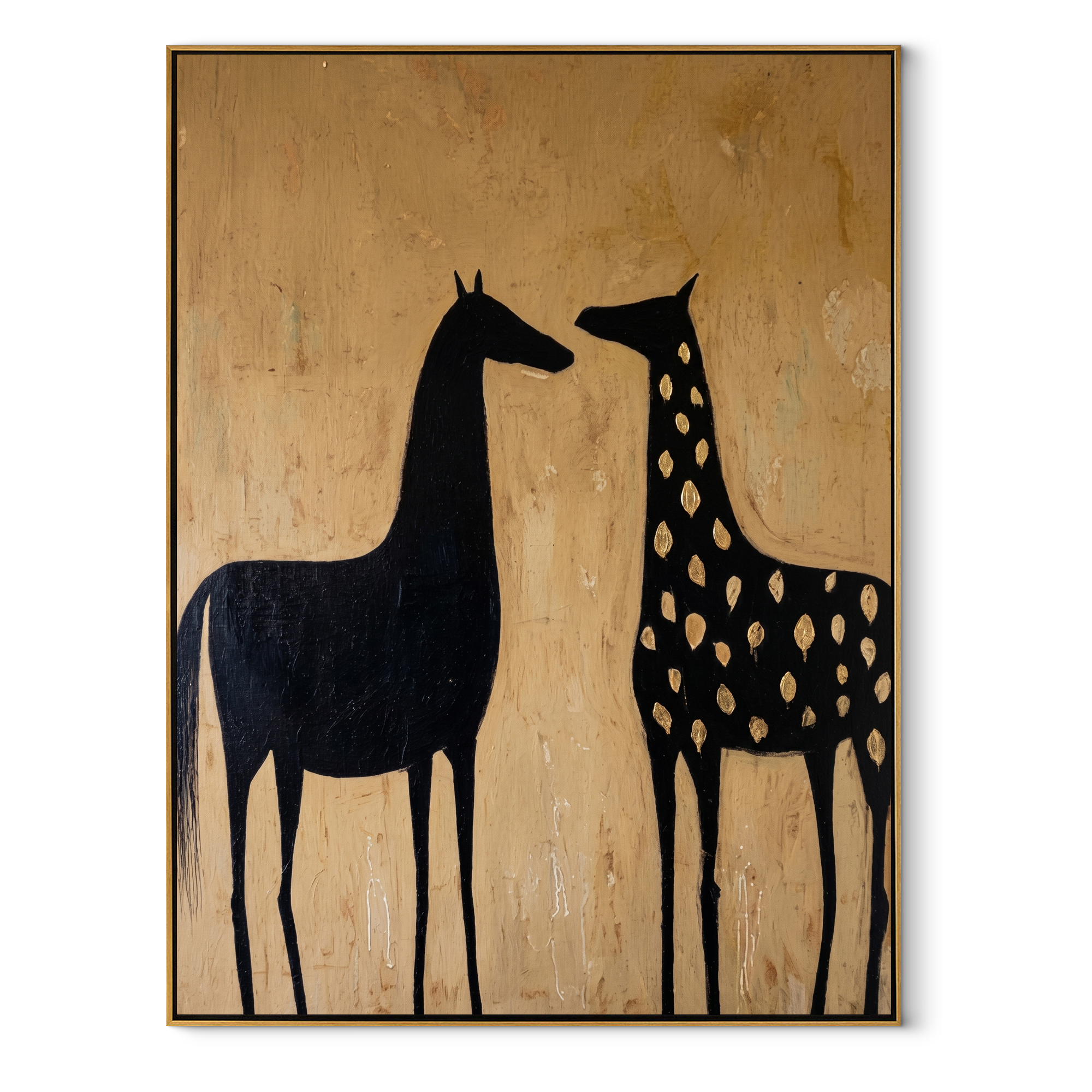 Spotted Horse Meets Black equestrian horse painting, vertical canvas artwork