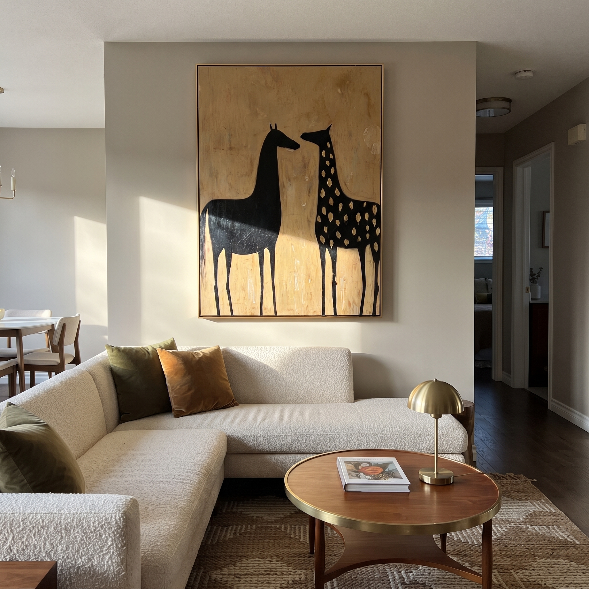Spotted Horse Meets Black displayed in a layered residential setting