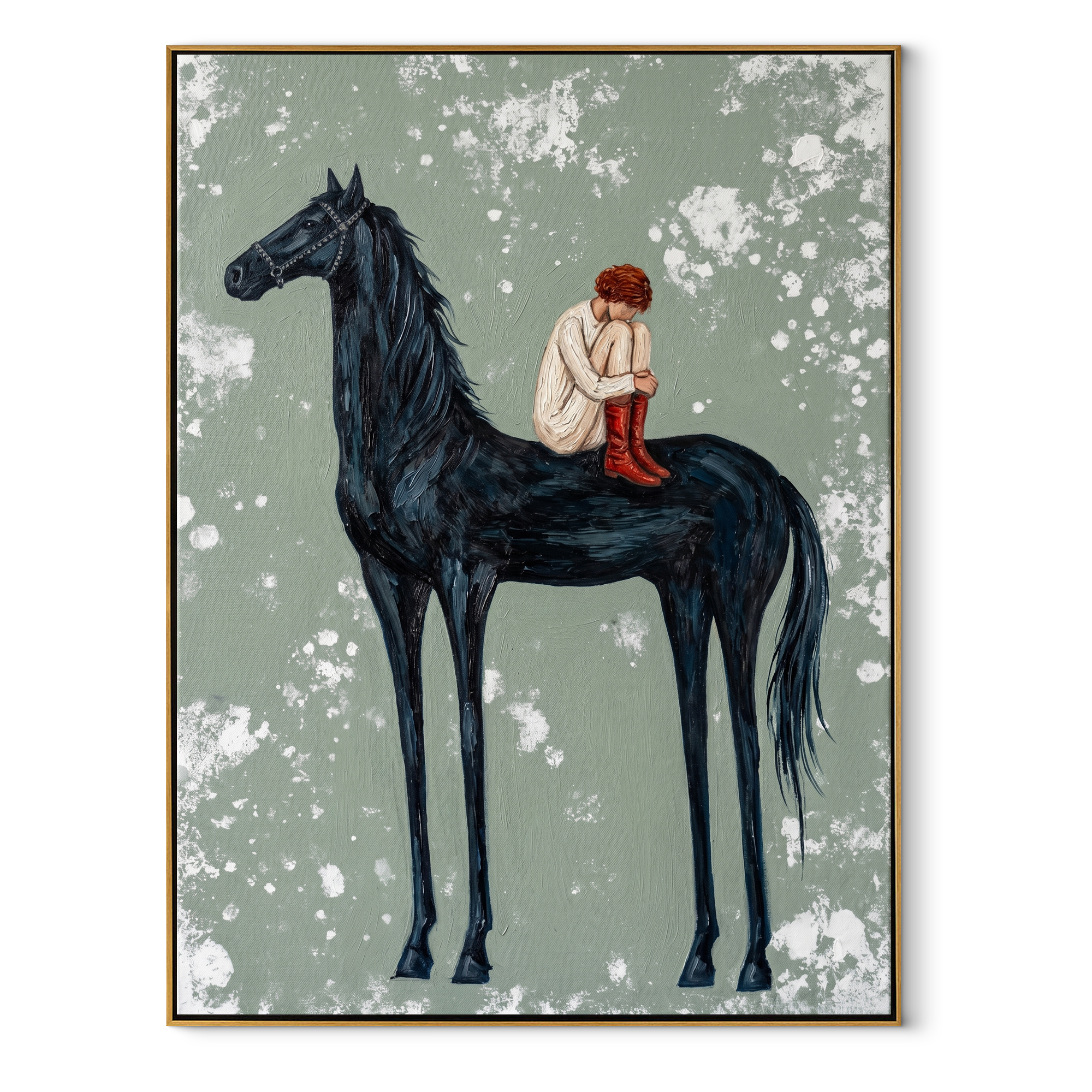 Bent Rider Crosses Snow equestrian horse painting, vertical canvas artwork