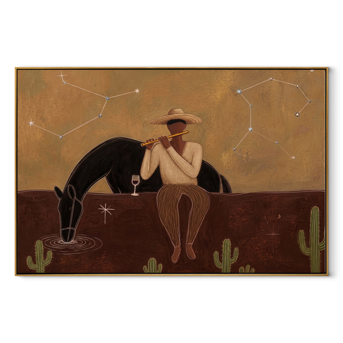 Woman Watches Black Horse equestrian horse painting, horizontal canvas artwork