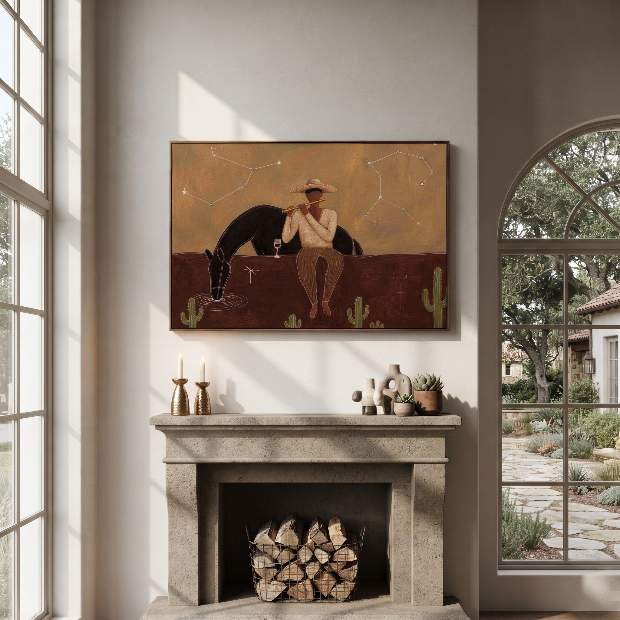 Woman Watches Black Horse presented as a colorful interior focal point