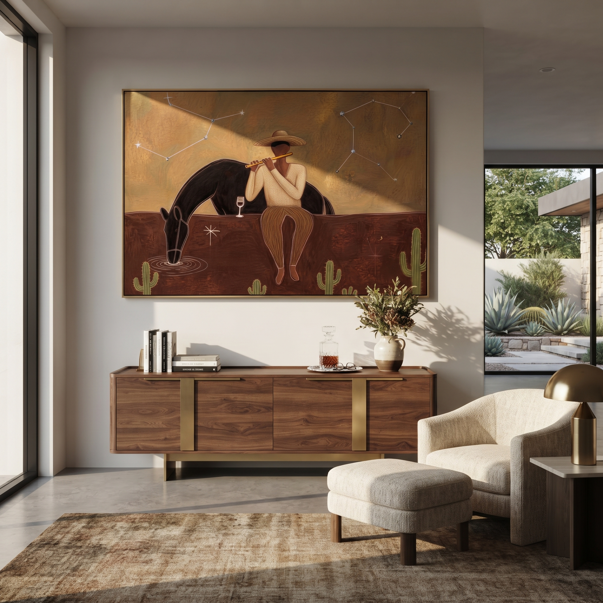 Woman Watches Black Horse displayed in a layered residential setting