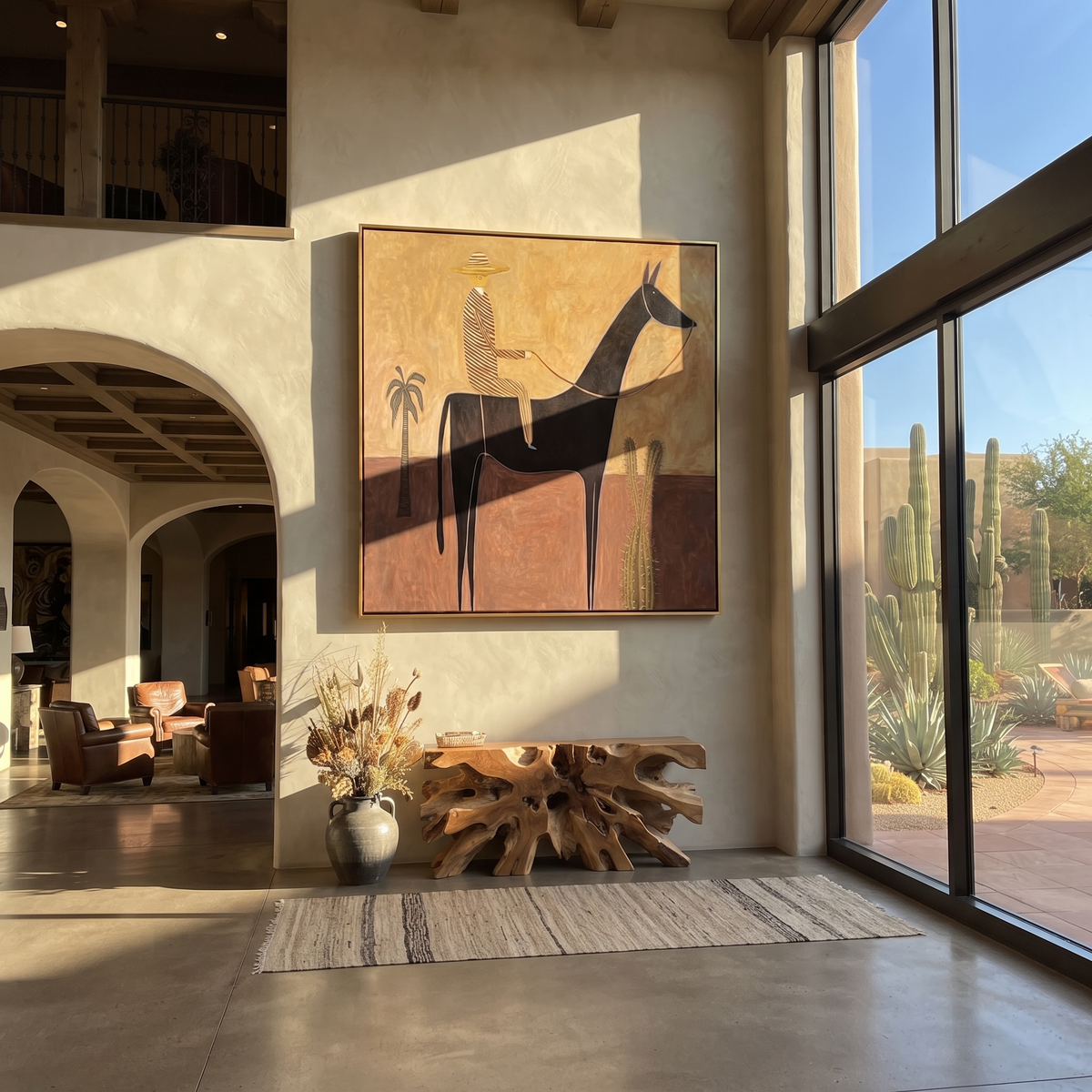 Striped Rider Crosses Desert styled with wood, linen, and modern decor