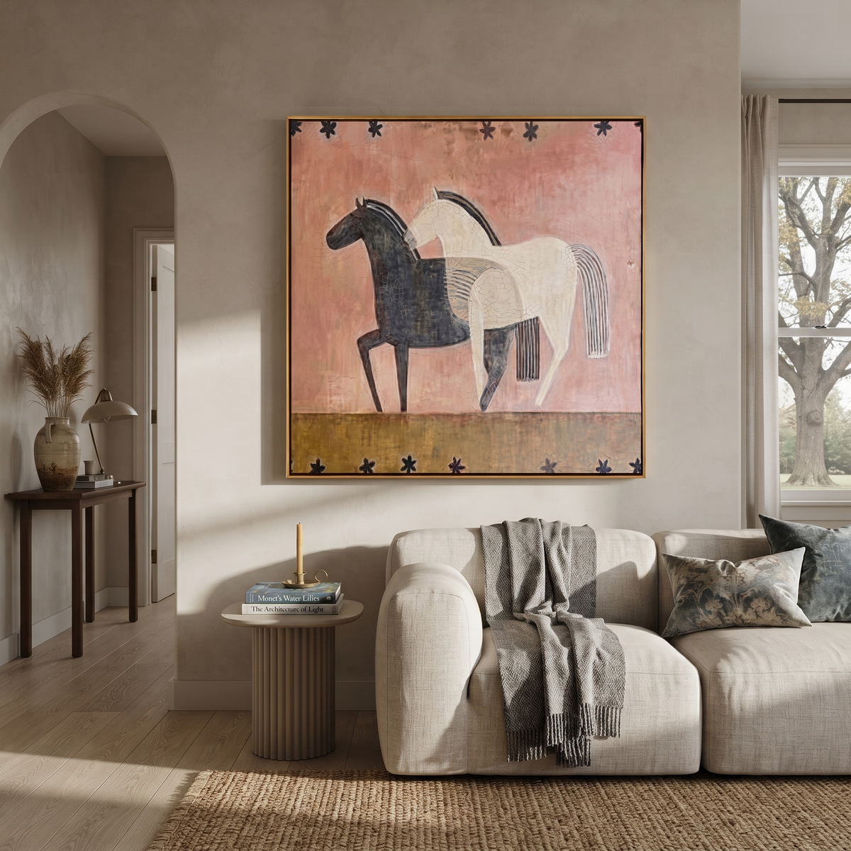 Black Horse Shadows White displayed in a layered residential setting