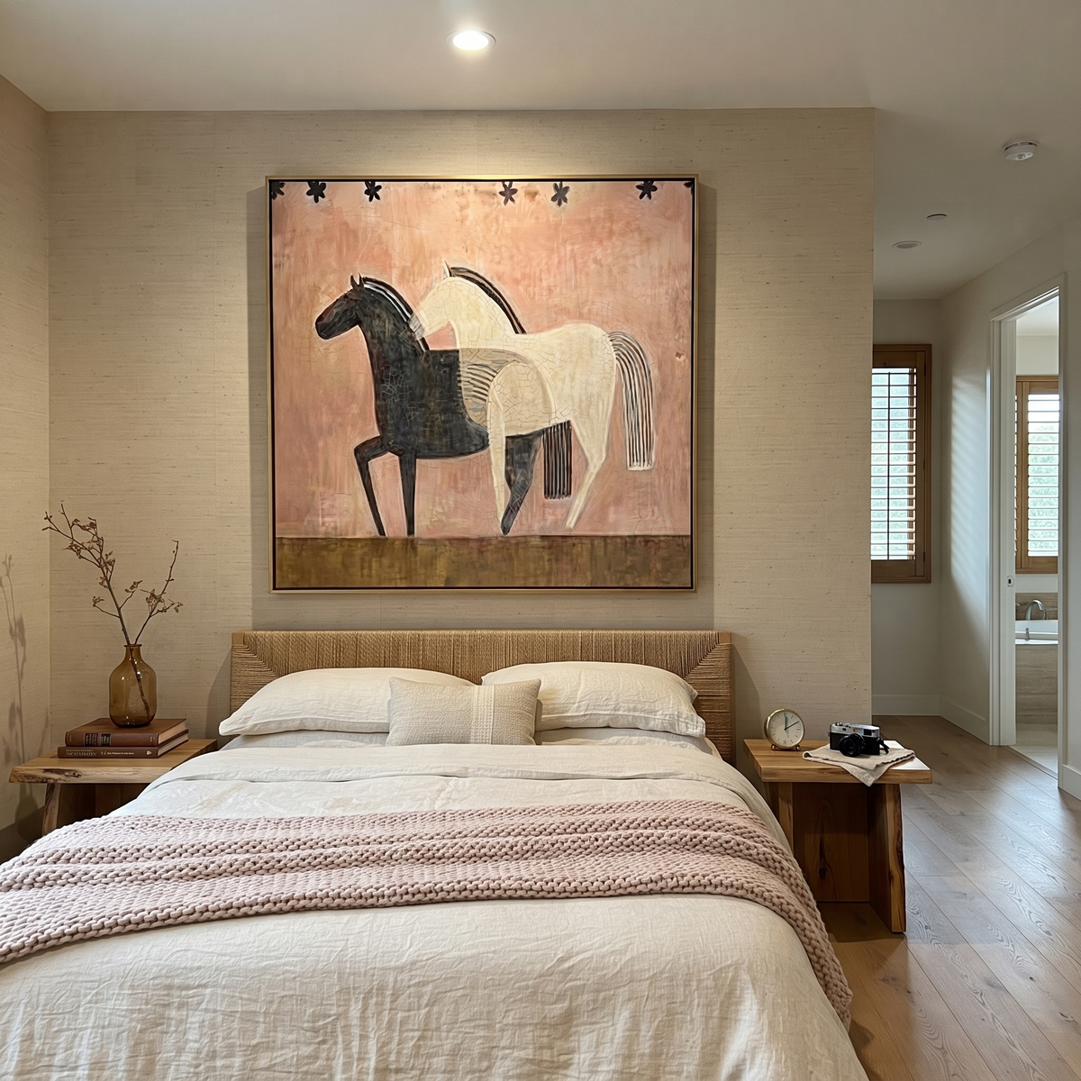 Black Horse Shadows White styled with wood, linen, and modern decor