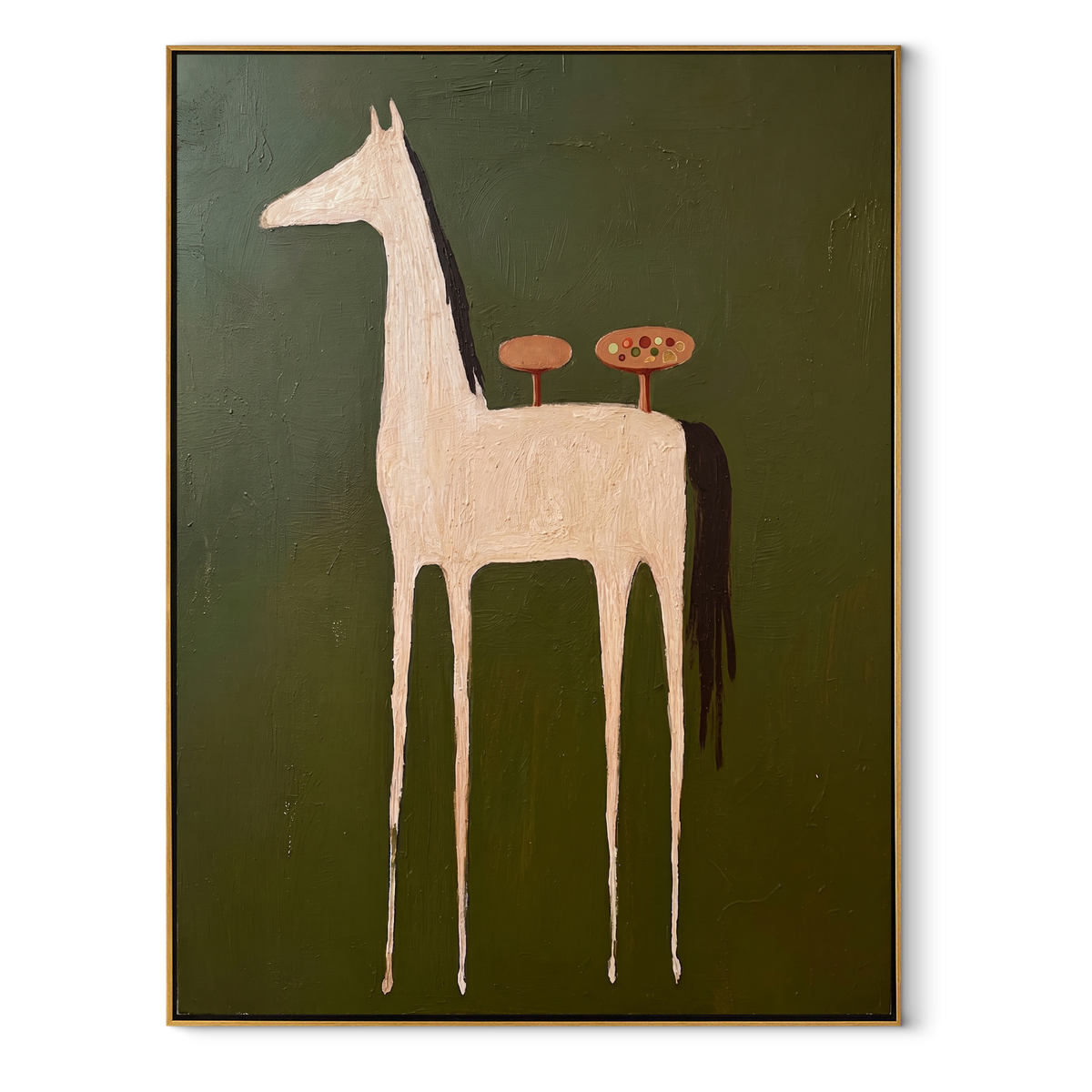 Two Mushrooms Ride Ivory equestrian horse painting, vertical canvas artwork
