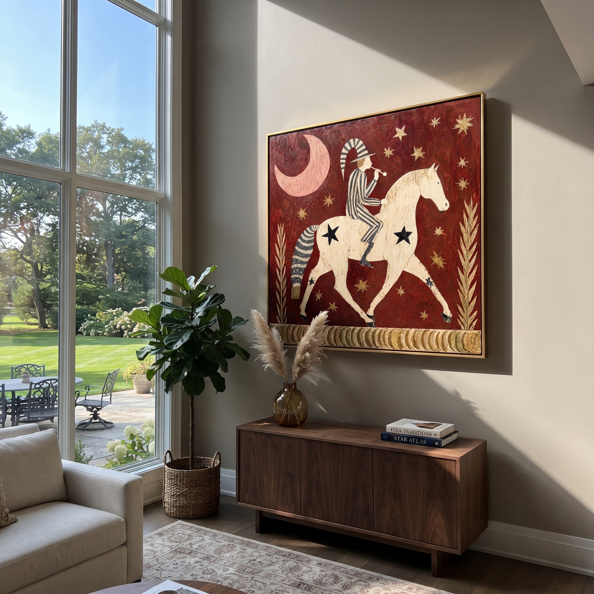 Trumpet Wakes Moonlit Horse displayed in a collected contemporary interior