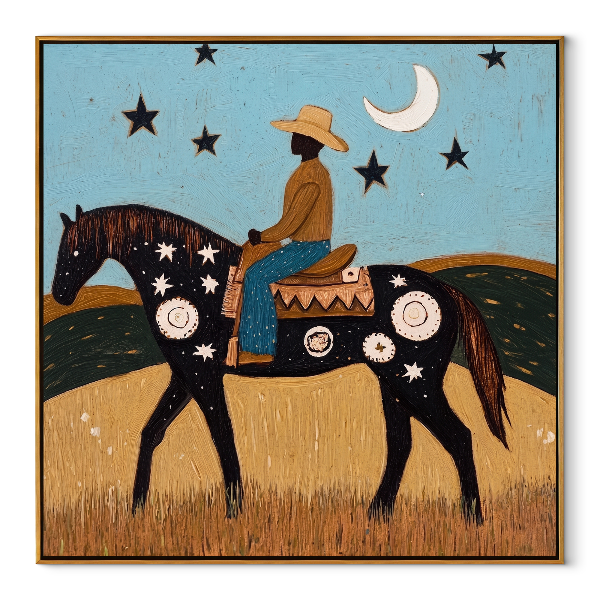 Crescent Guides Starry Rider equestrian horse painting, square canvas artwork