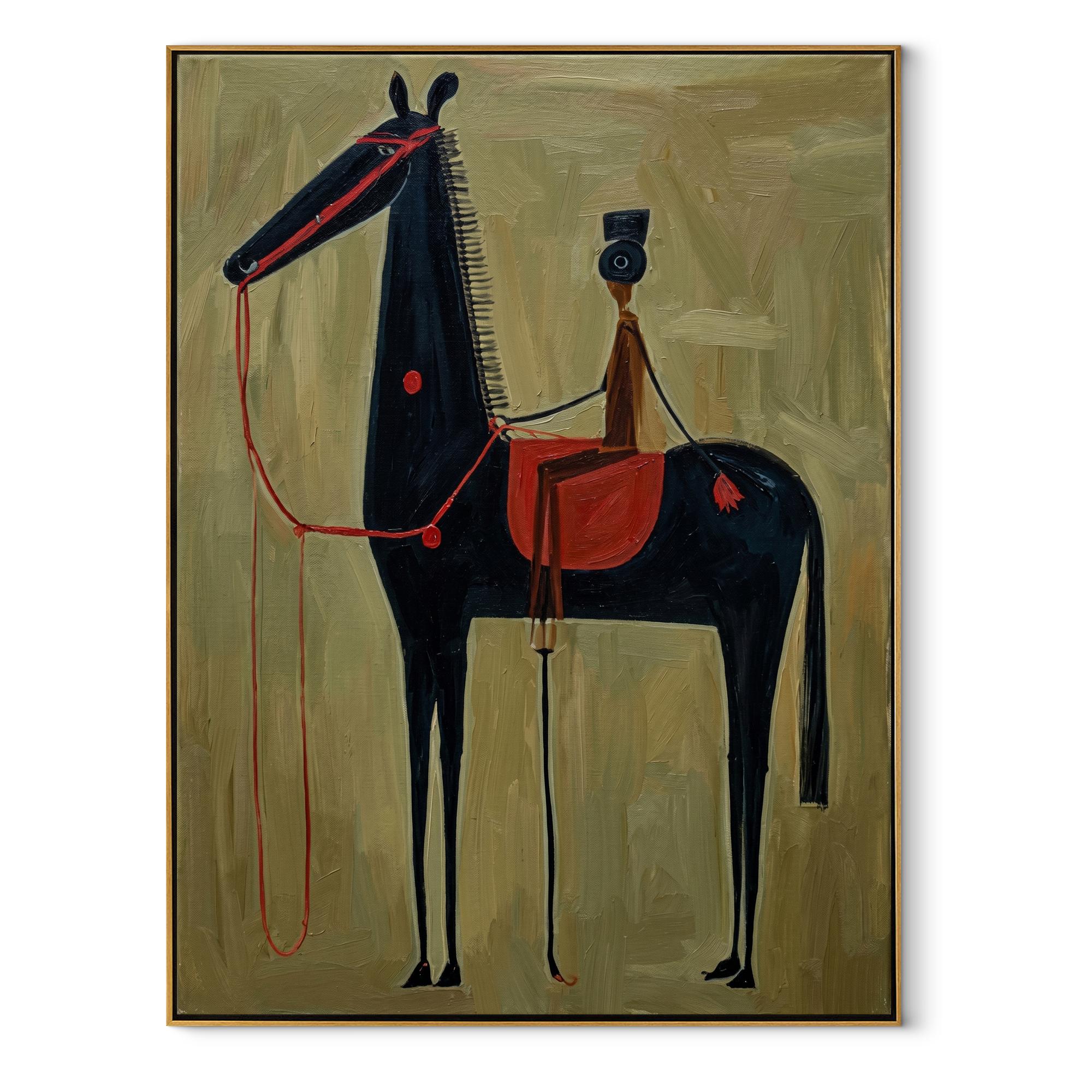 Blue Vessel Rides Black equestrian horse painting, vertical canvas artwork
