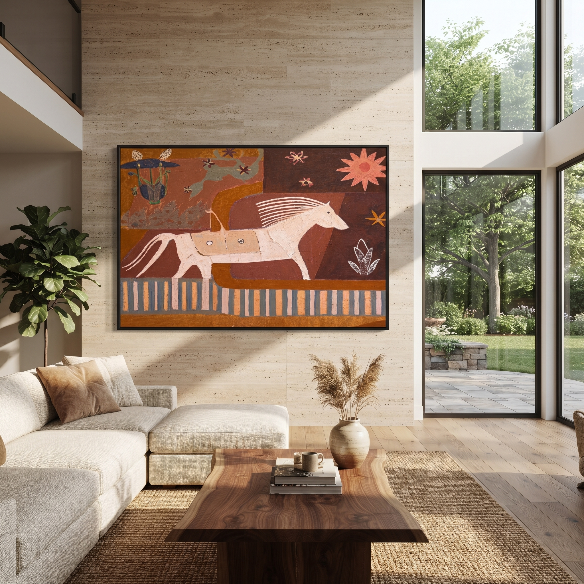 Three Horses Chase Sun displayed in a layered residential setting