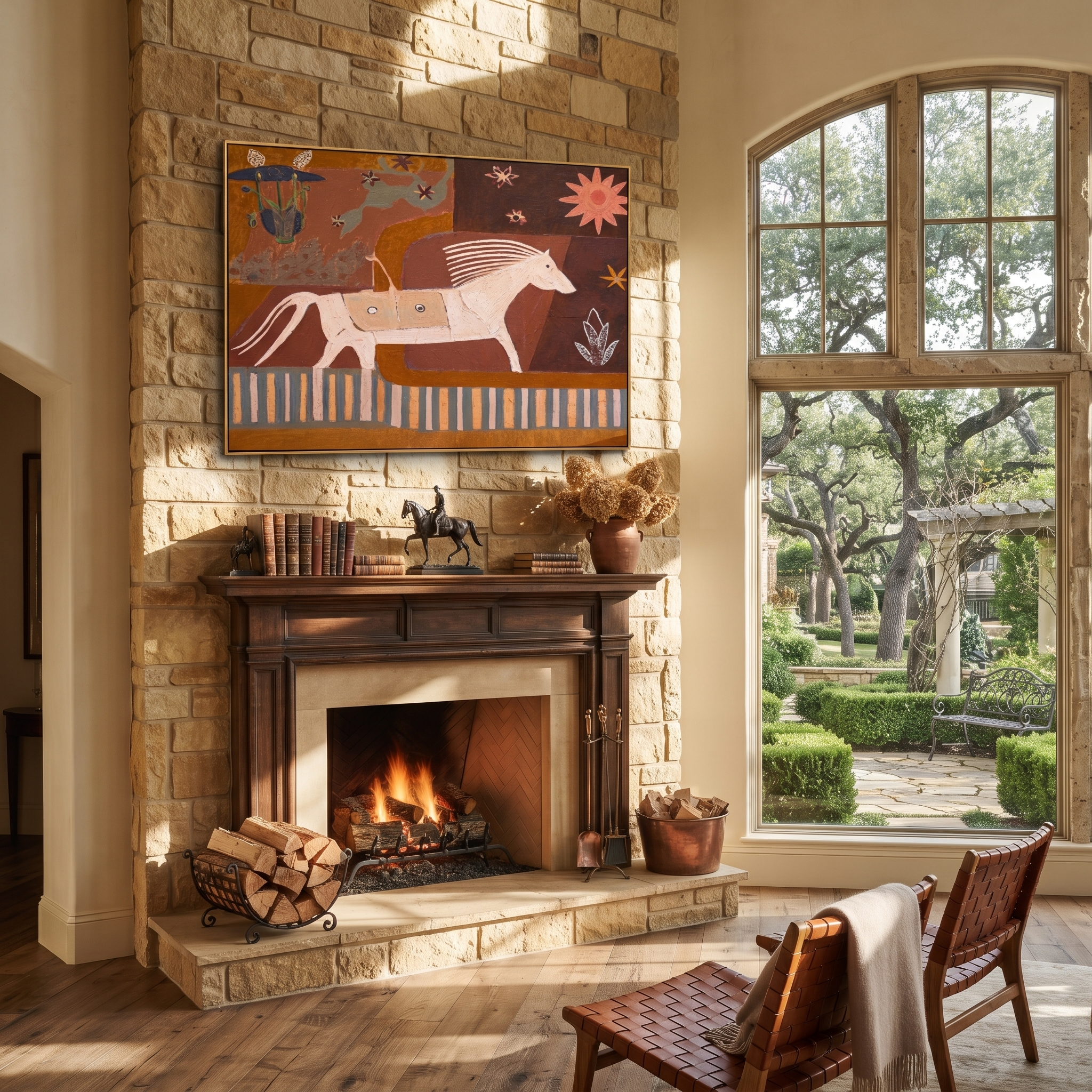 Three Horses Chase Sun styled with wood, linen, and modern decor