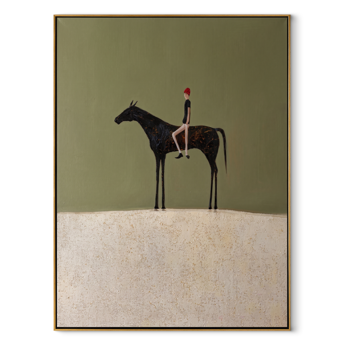Tiny Rider Guards Snow equestrian horse painting, vertical canvas artwork