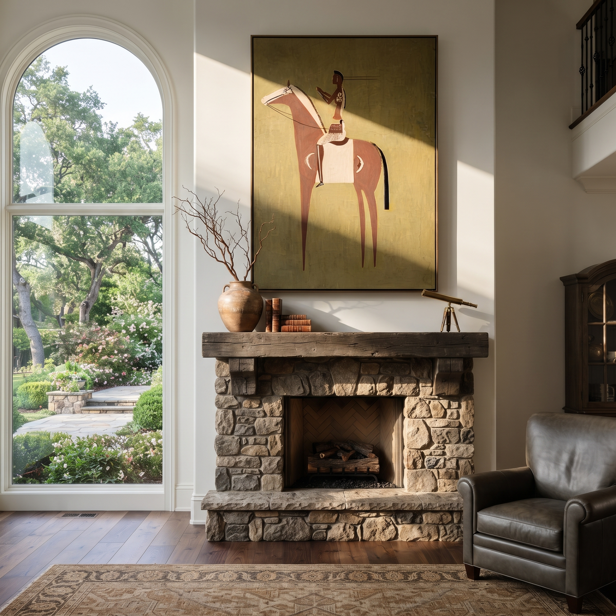 Woman Rides Chestnut Stillness presented as a colorful interior focal point
