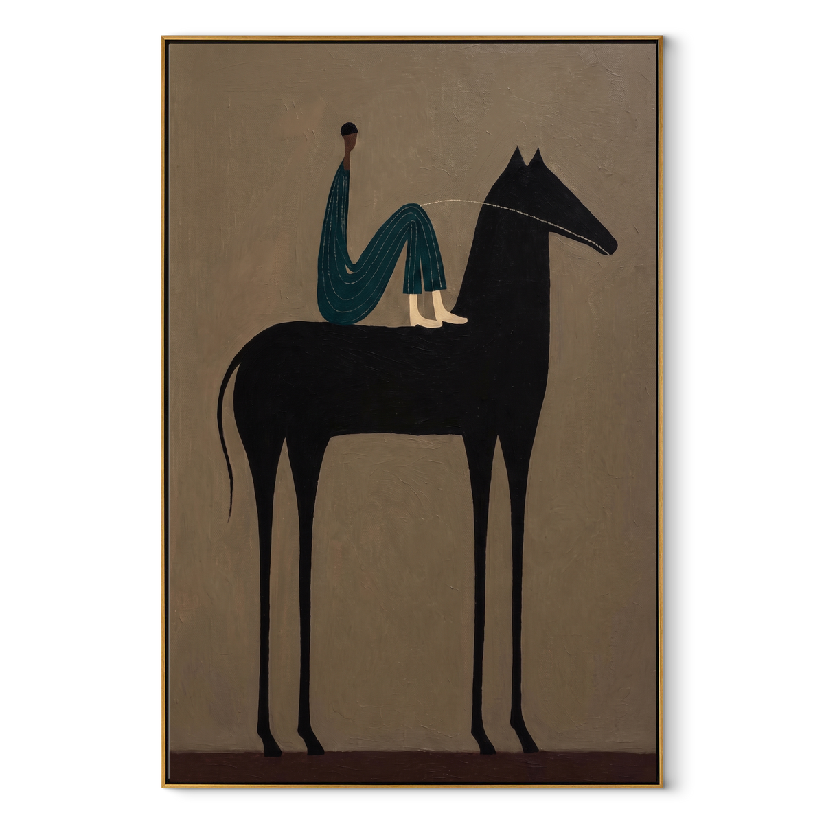 Blue Figure Sits High equestrian horse painting, vertical canvas artwork