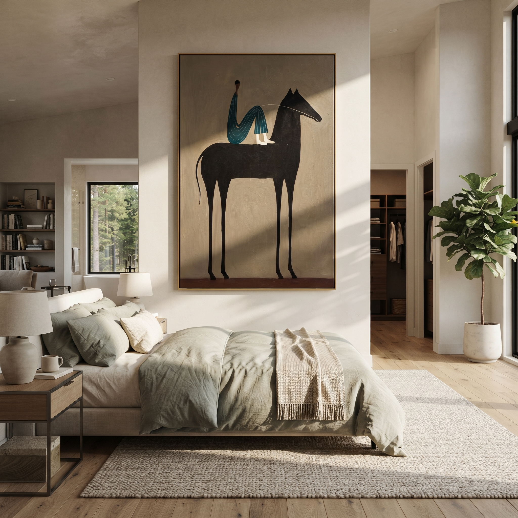Blue Figure Sits High styled with warm modern furnishings