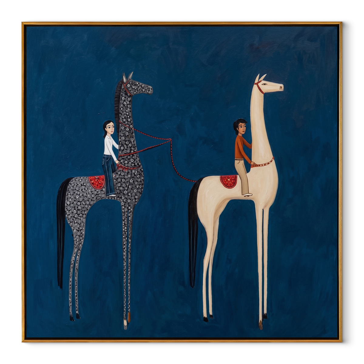 Two Riders Divide Blue equestrian horse painting, square canvas artwork