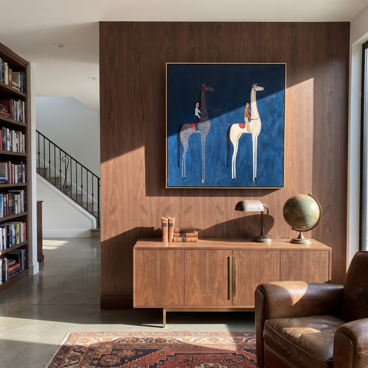 Two Riders Divide Blue presented as a colorful interior focal point