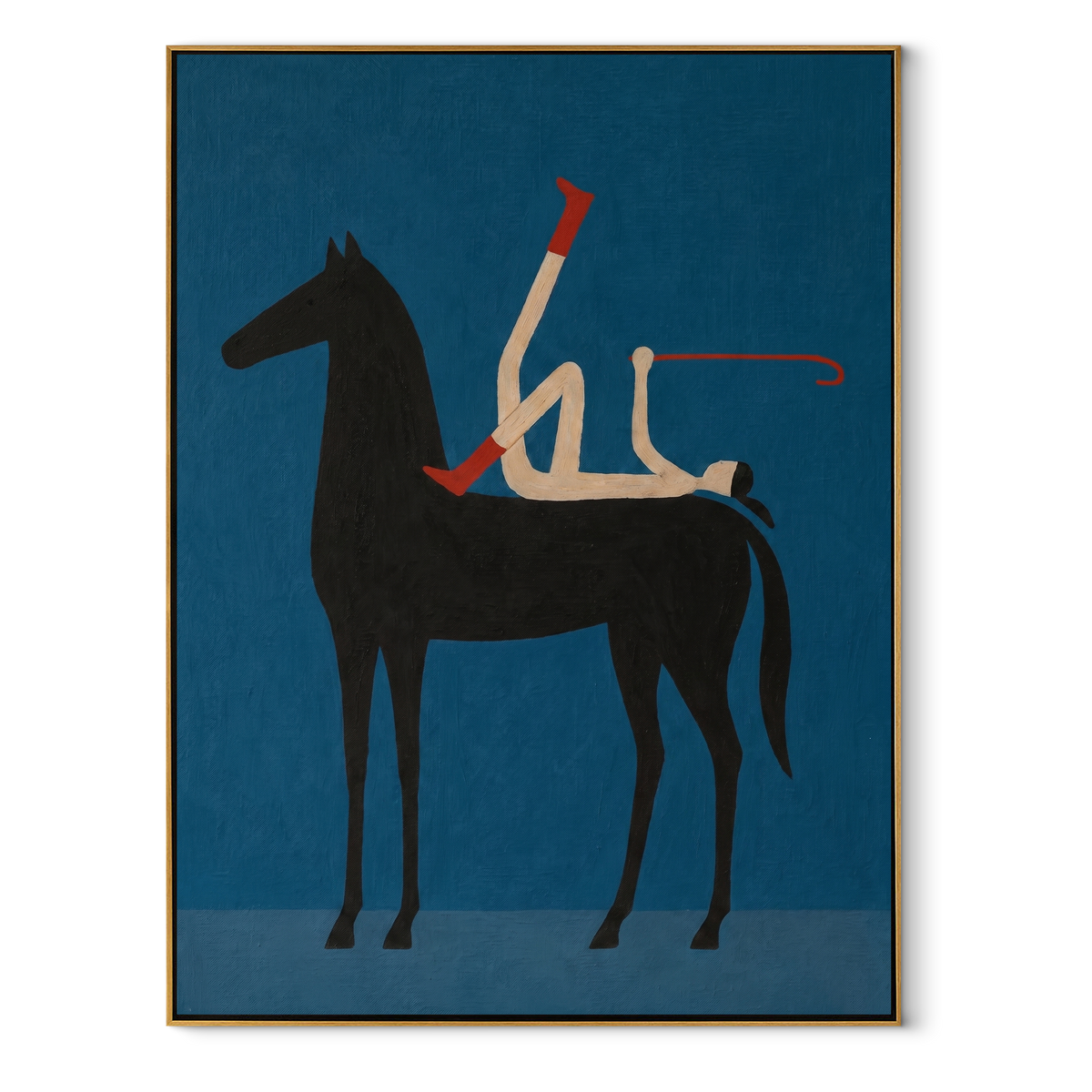 Red Boot Splits Blue equestrian horse painting, vertical canvas artwork