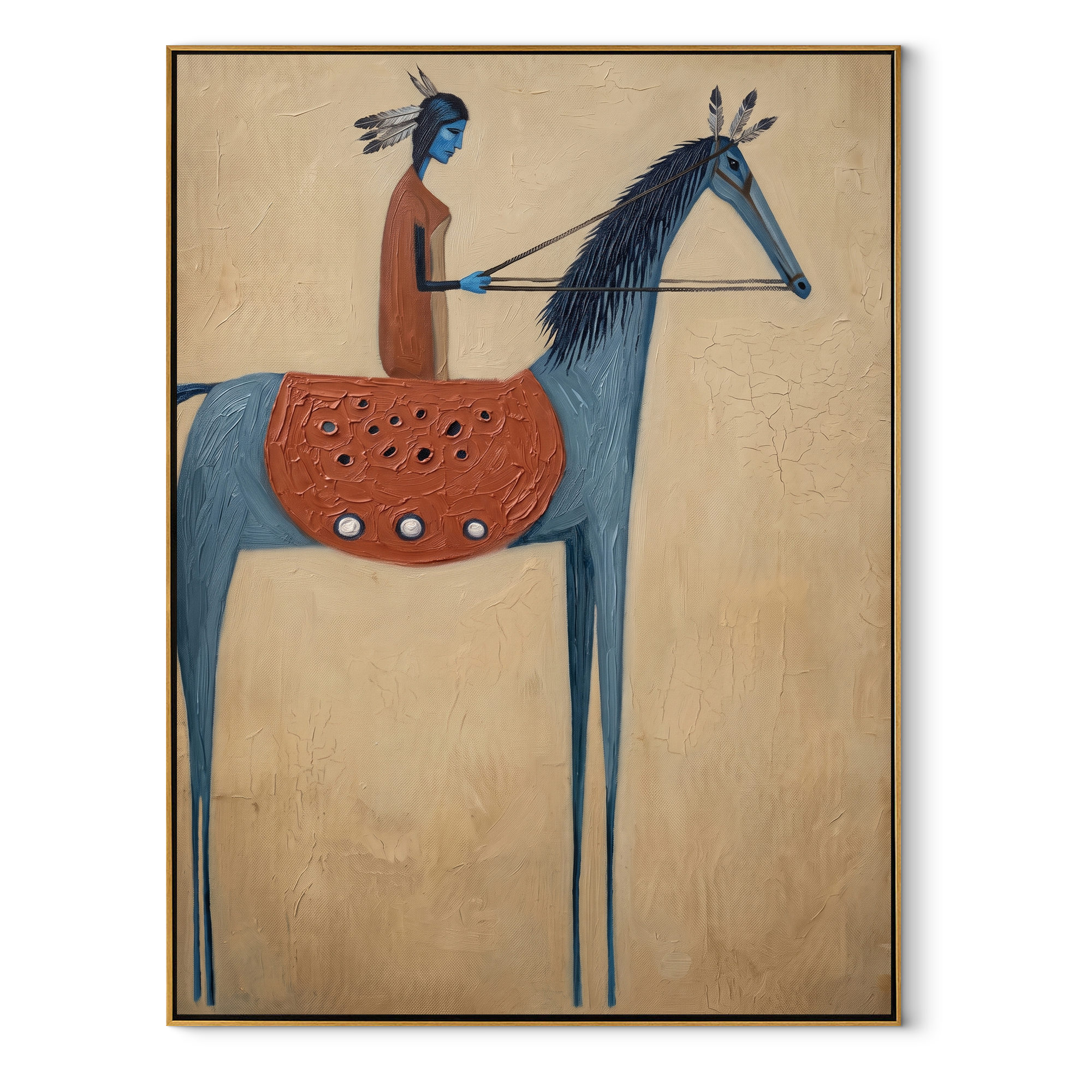 Blue Horse Carries Vermilion equestrian horse painting, vertical canvas artwork