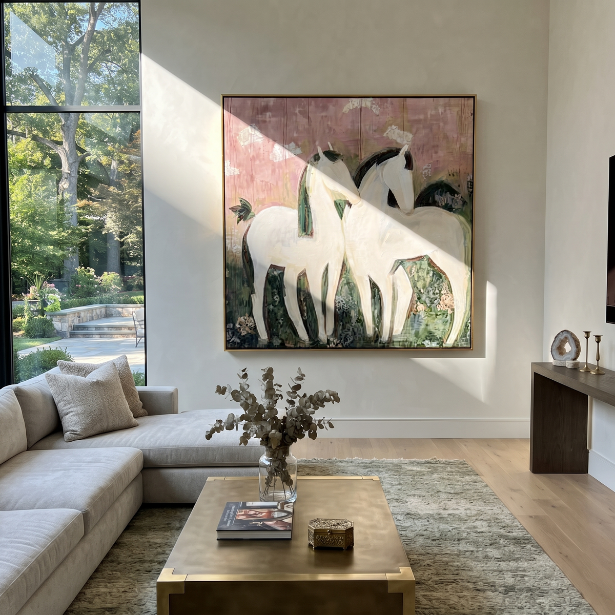 Three White Horses Gather displayed in a collected contemporary interior