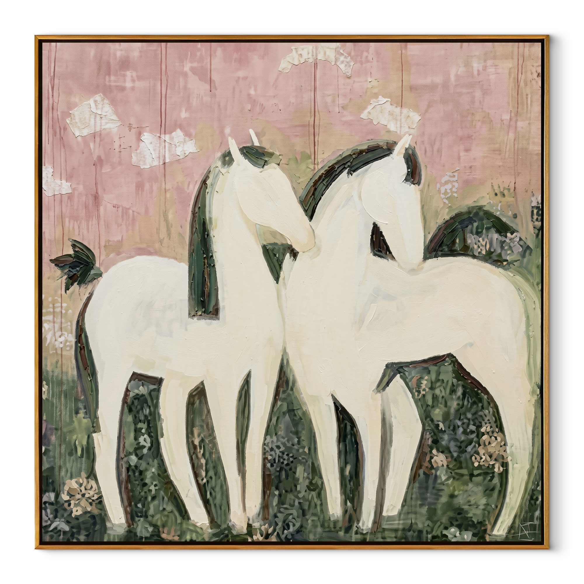 Three White Horses Gather equestrian horse painting, square canvas artwork