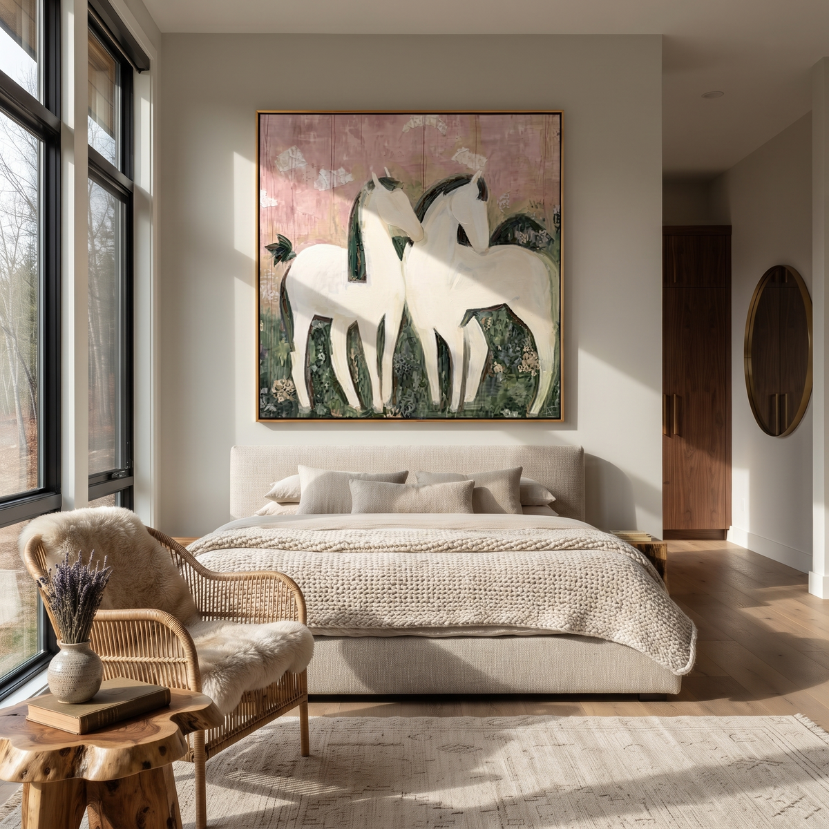 Three White Horses Gather displayed in a layered residential setting