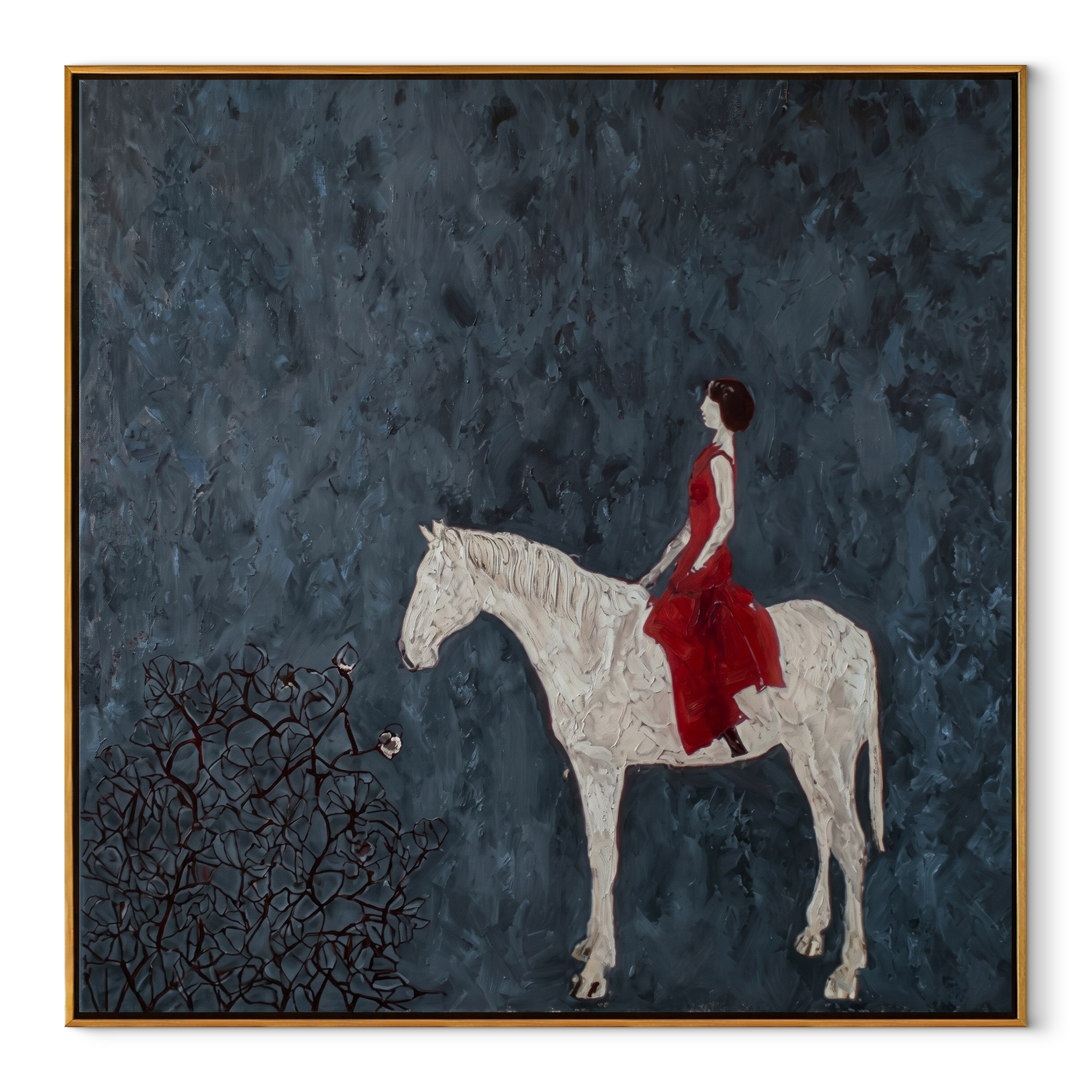 Red Dress Crosses Blue equestrian horse painting, square canvas artwork