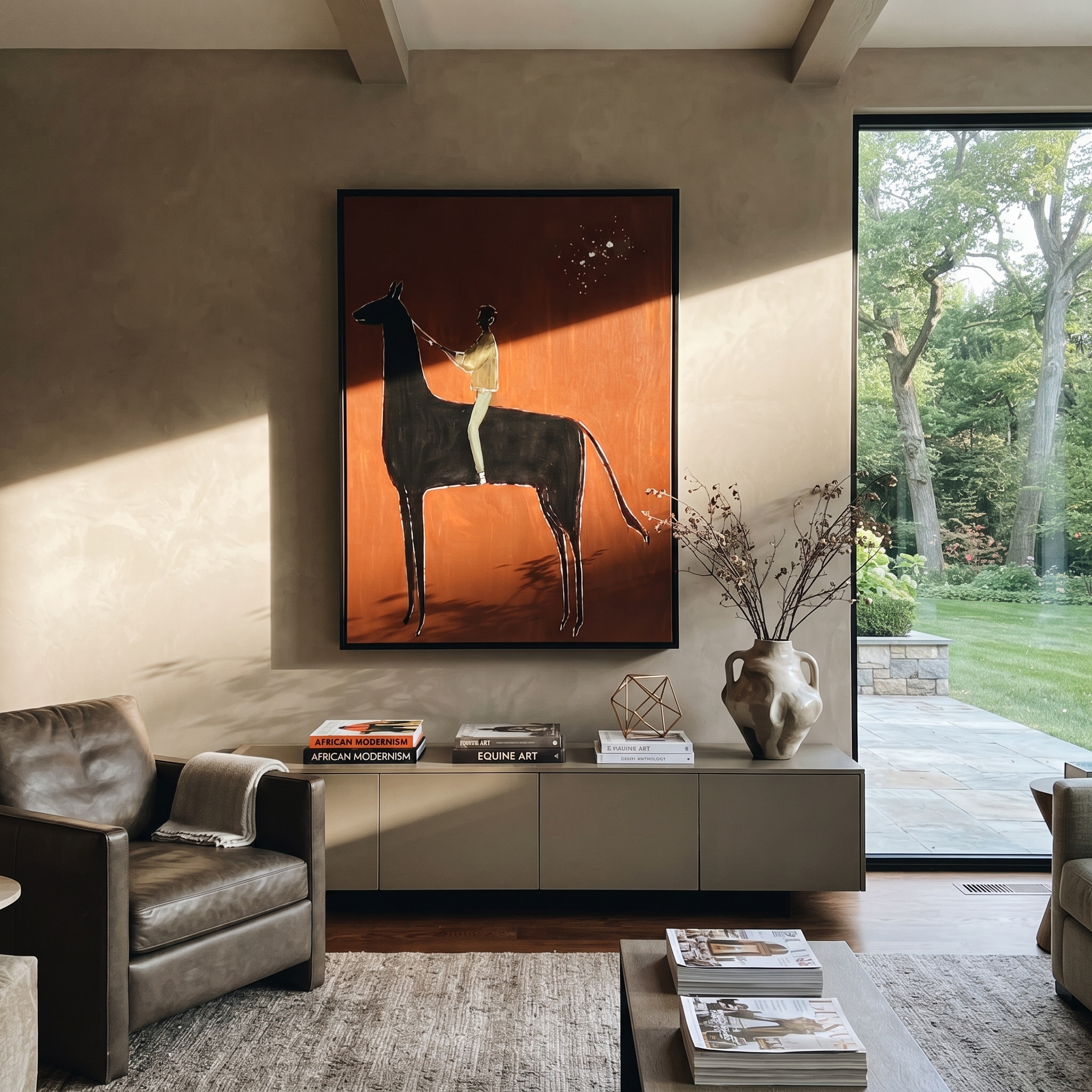 Green Rider Holds Reins styled with warm modern furnishings