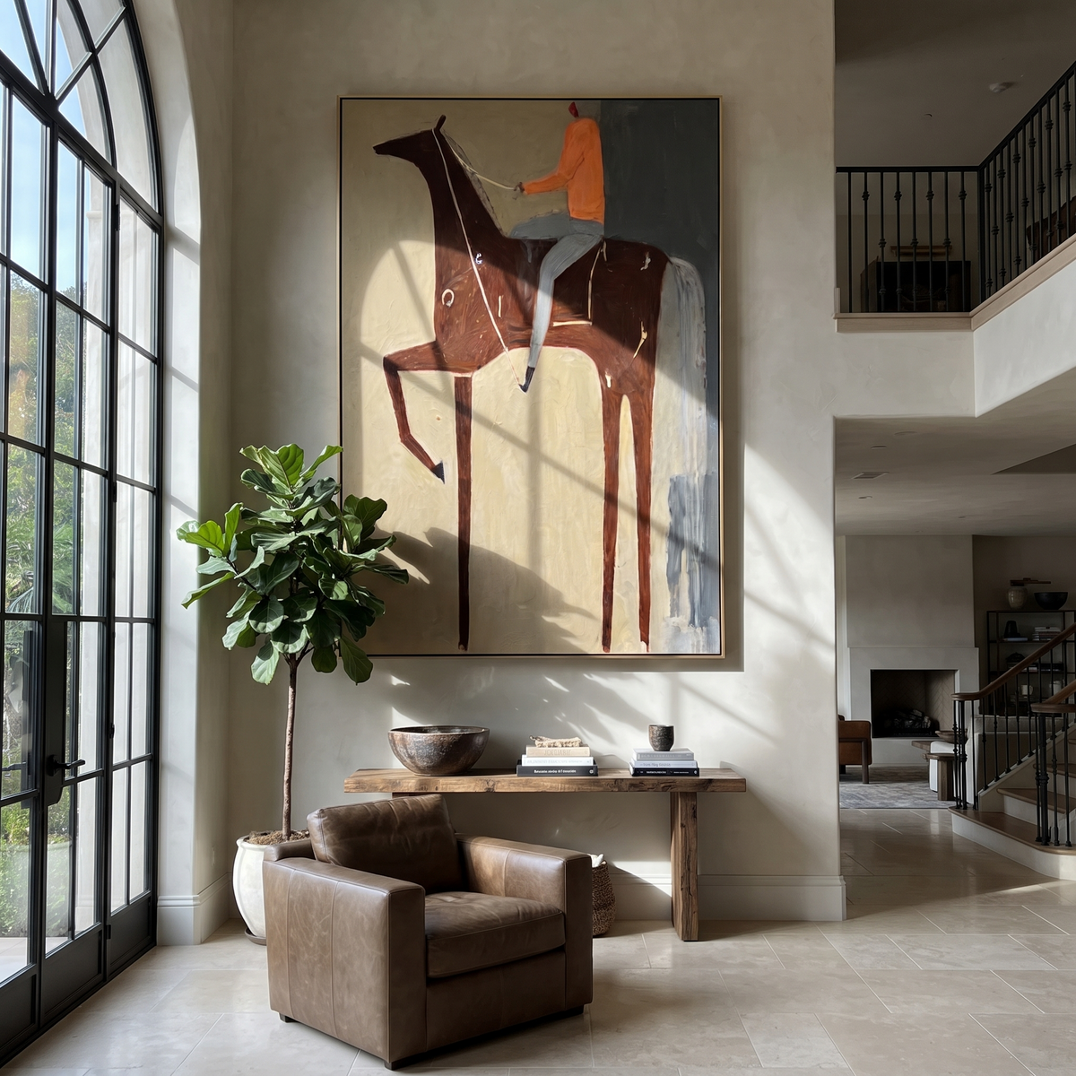 Orange Rider Rises High displayed in a layered residential setting