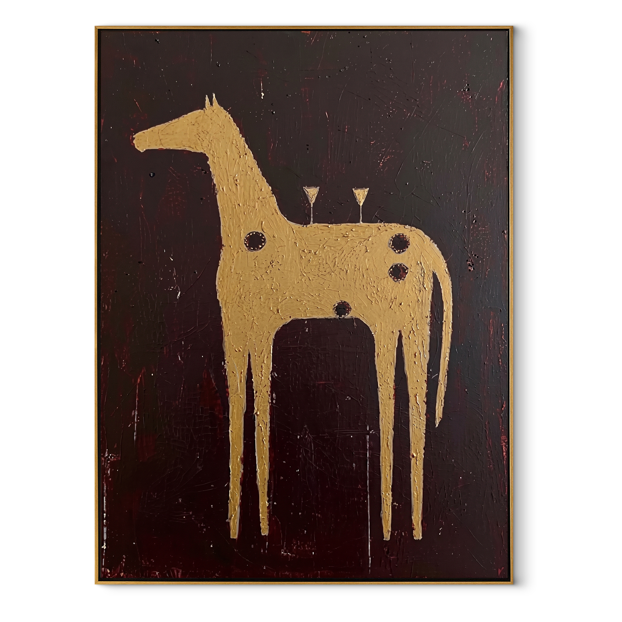 Three Glasses Crown Gold equestrian horse painting, vertical canvas artwork