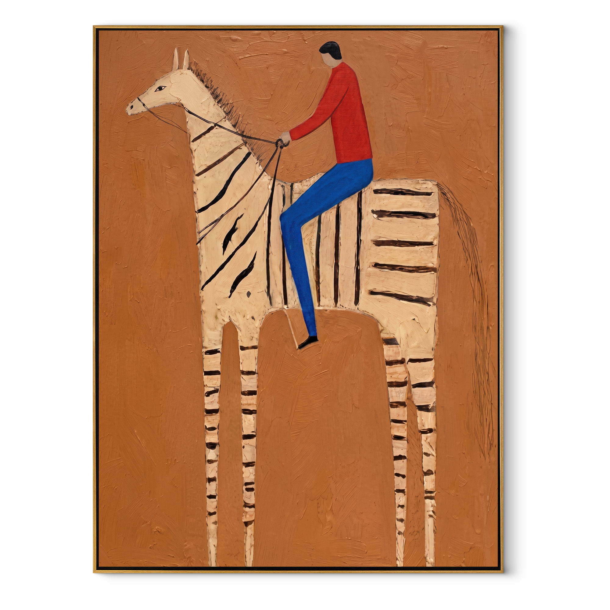 Red Shirt Rides Stripes equestrian horse painting, vertical canvas artwork