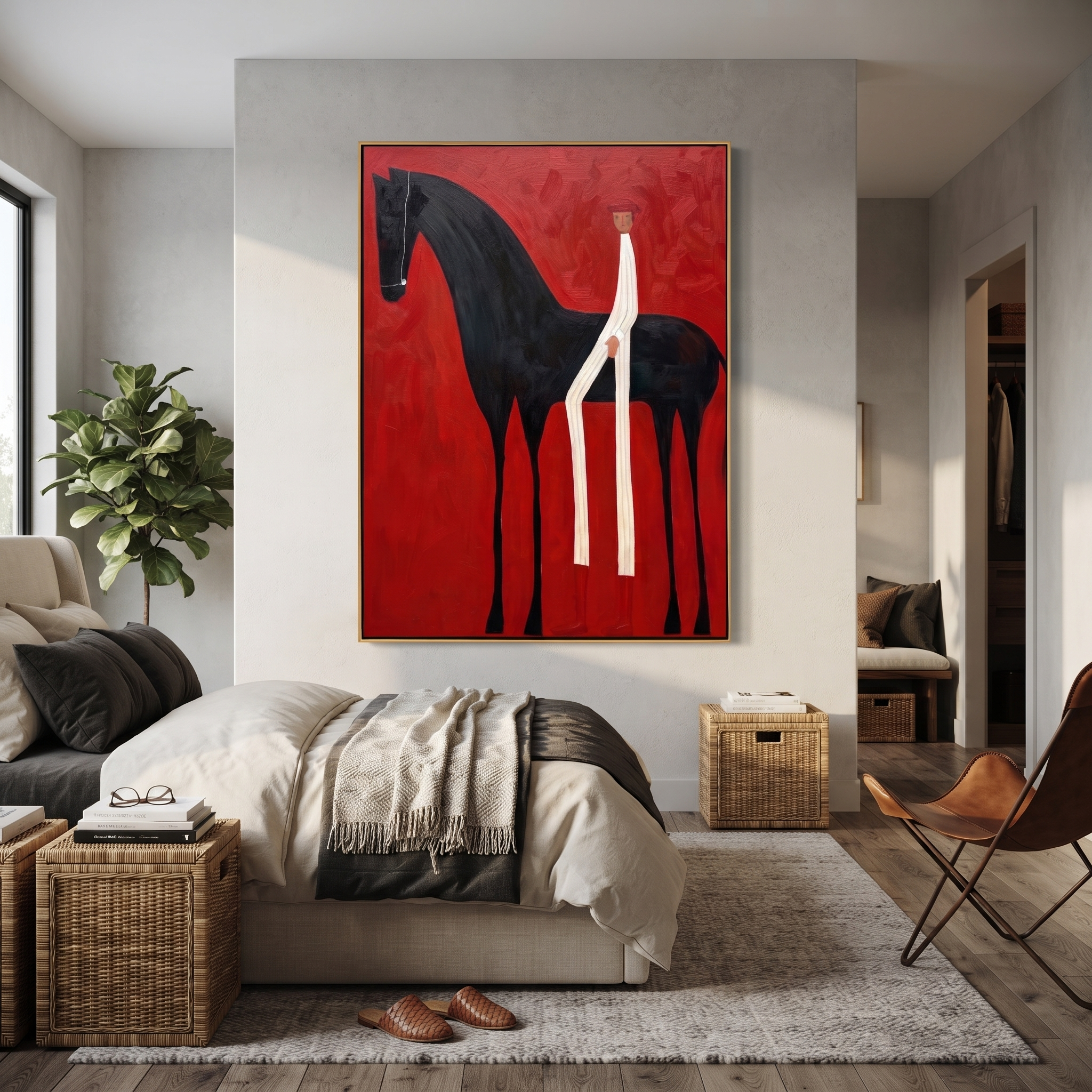 White Figure Splits Crimson displayed in a layered residential setting