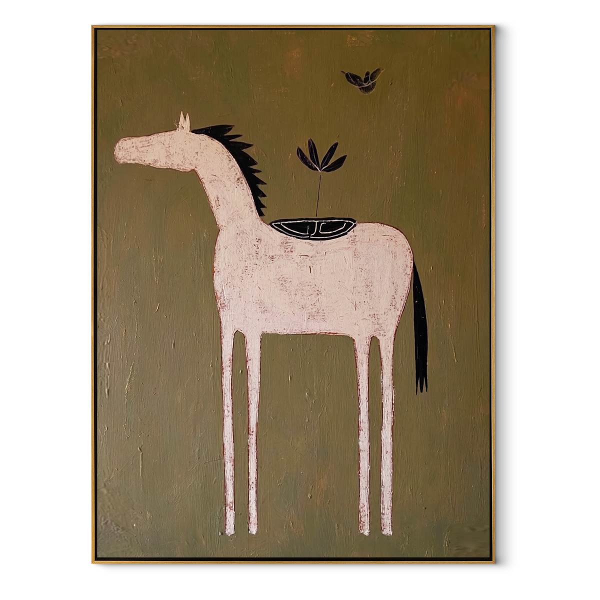 Black Bird Watches Ivory equestrian horse painting, vertical canvas artwork