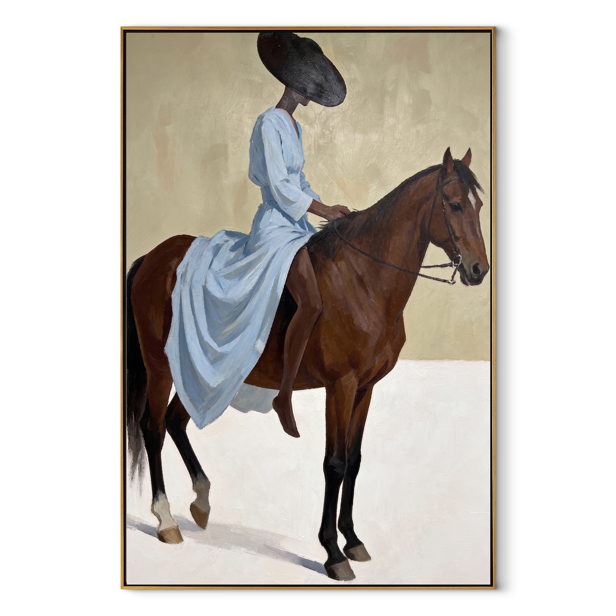 Blue Dress Rides Brown equestrian horse painting, vertical canvas artwork