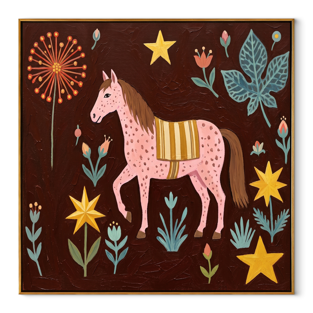 Pink Horse Blooms Wild equestrian horse painting, square canvas artwork