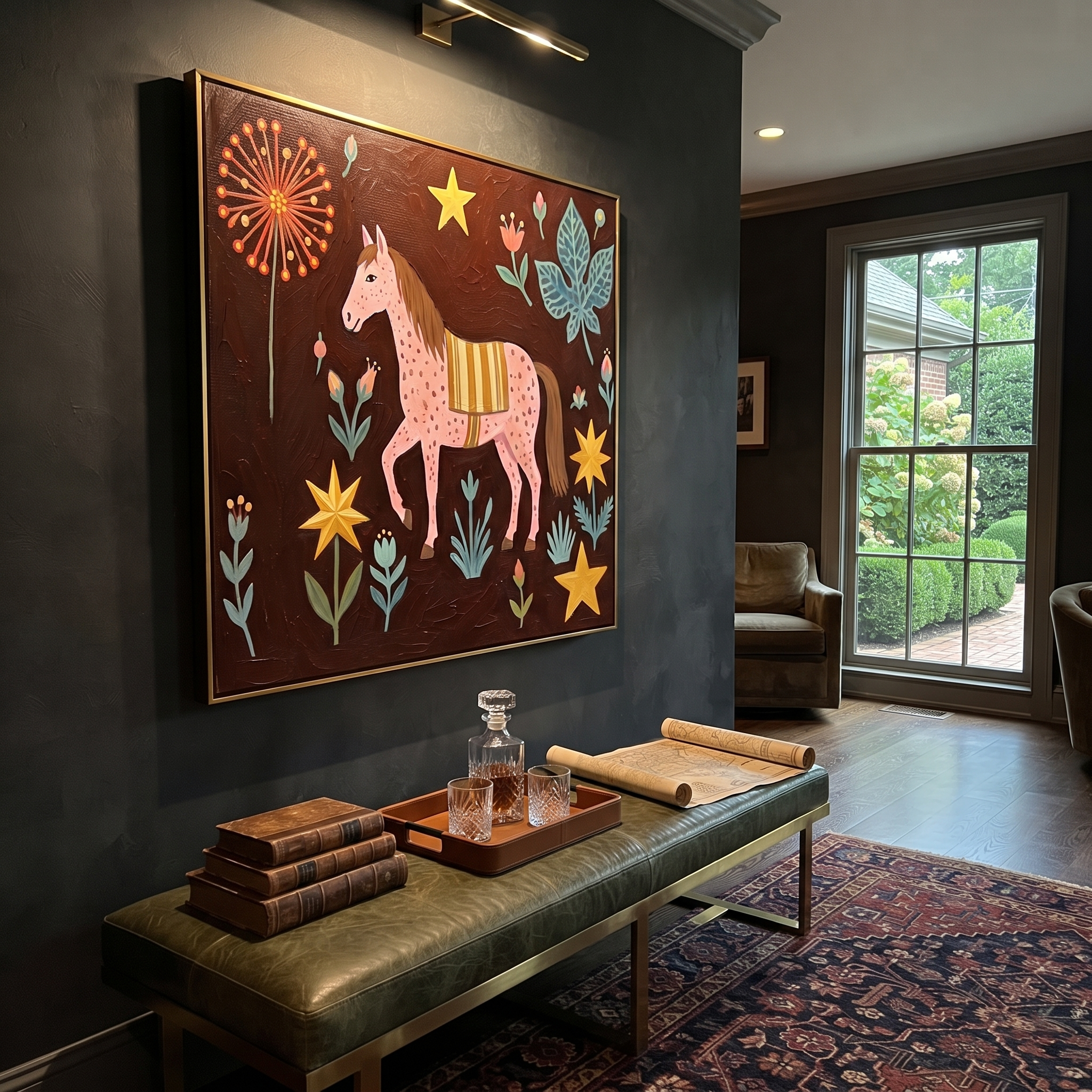 Pink Horse Blooms Wild presented as a colorful interior focal point
