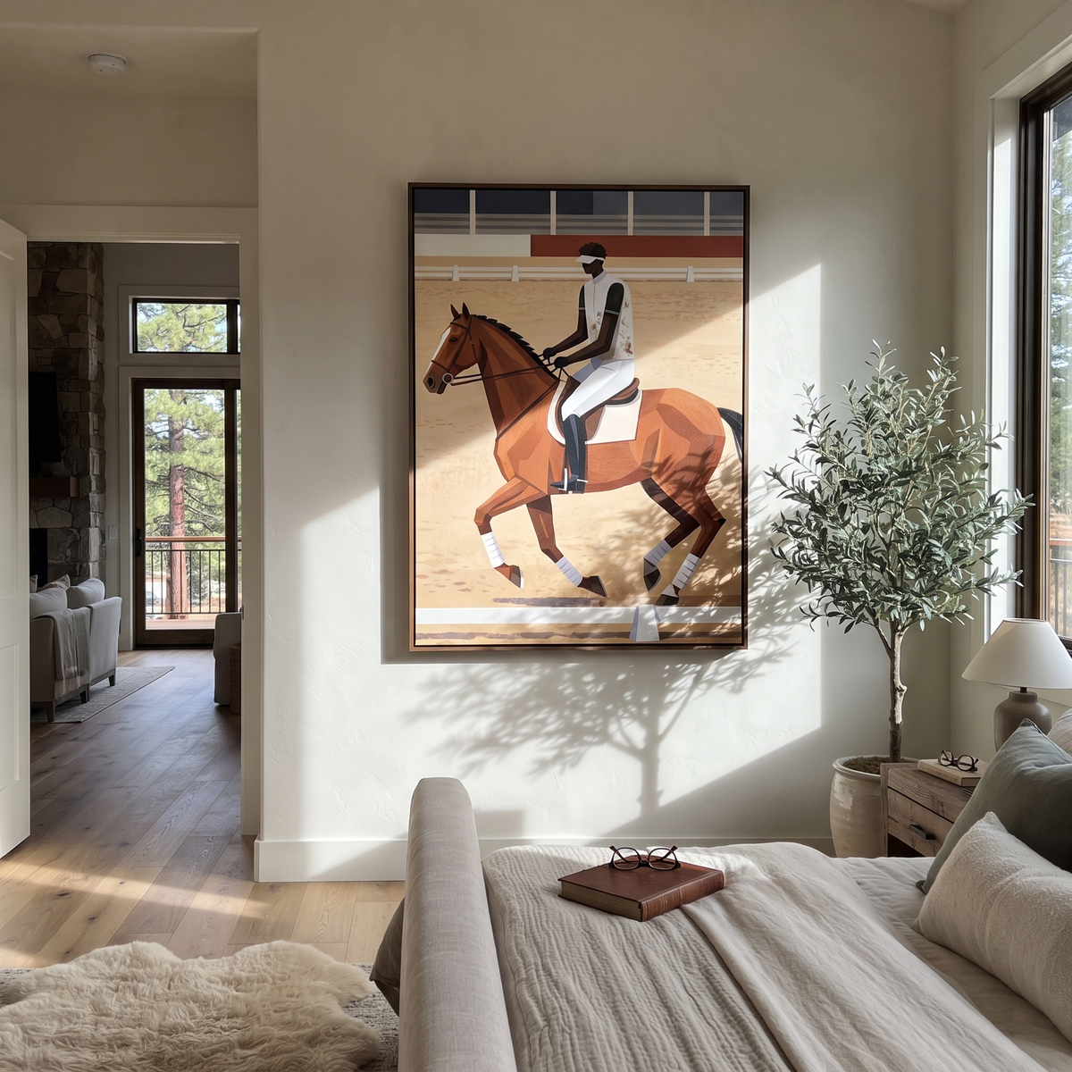Chestnut Gallops Past Rails displayed in a collected contemporary interior