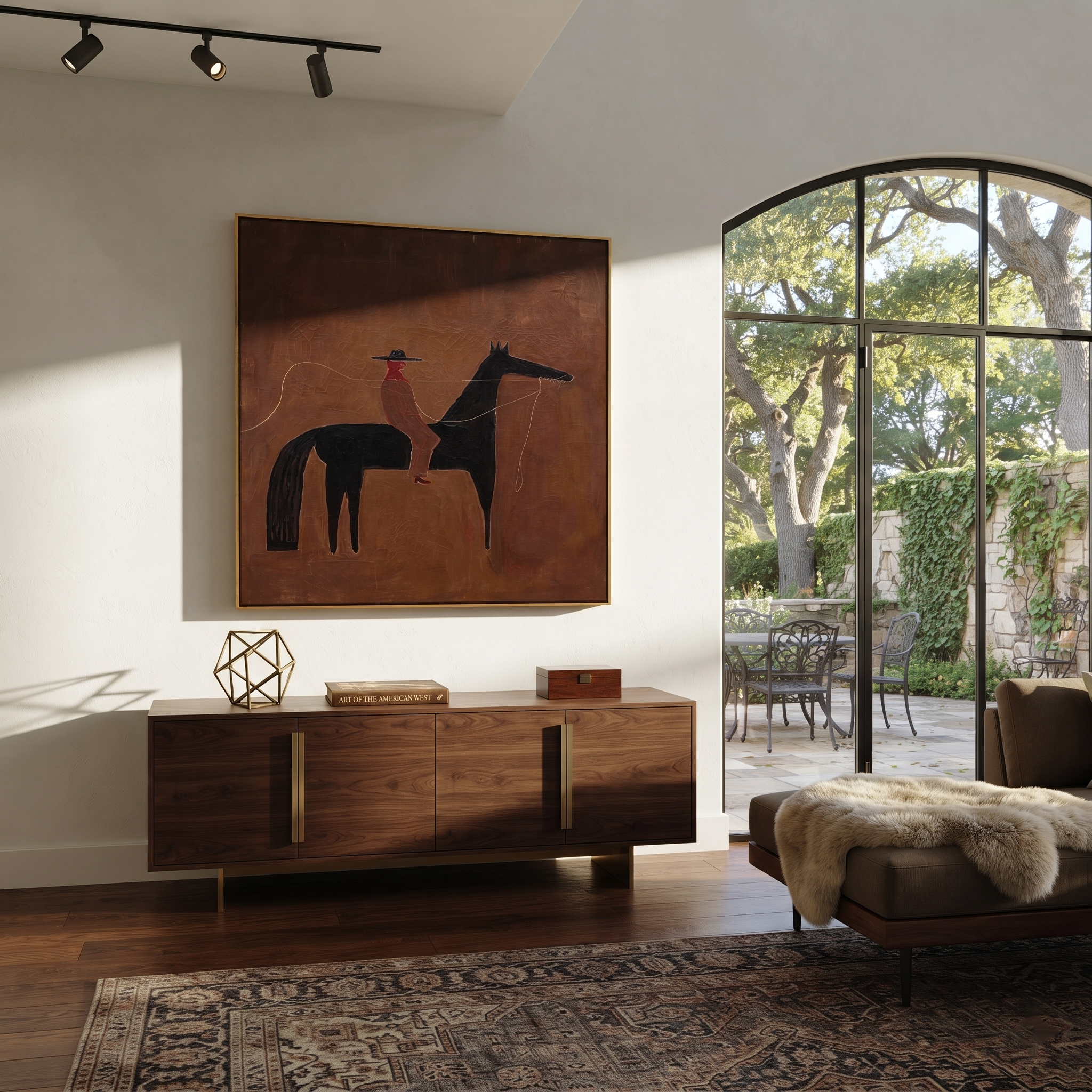 Two Riders Share Earth displayed in a collected contemporary interior