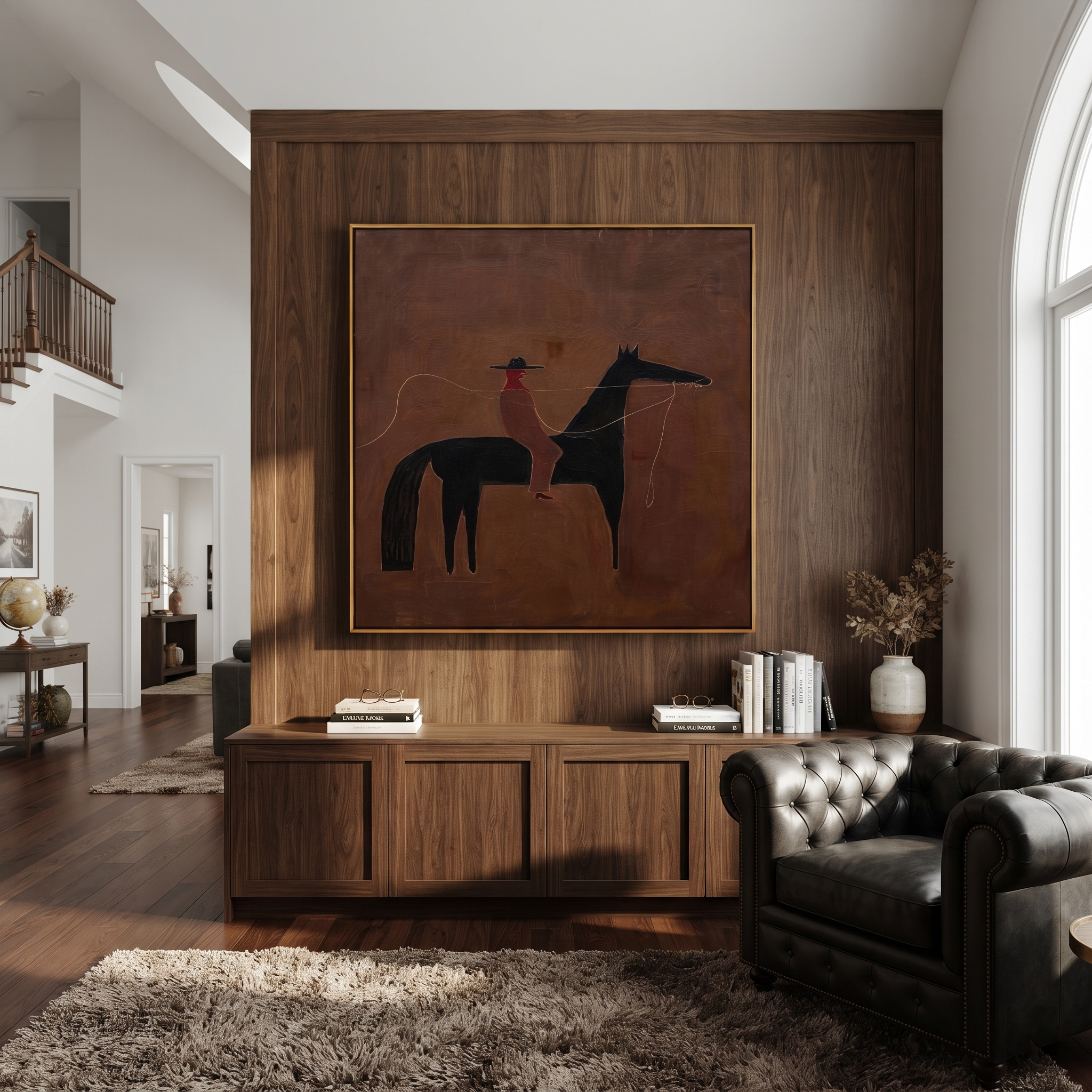 Two Riders Share Earth displayed in a layered residential setting