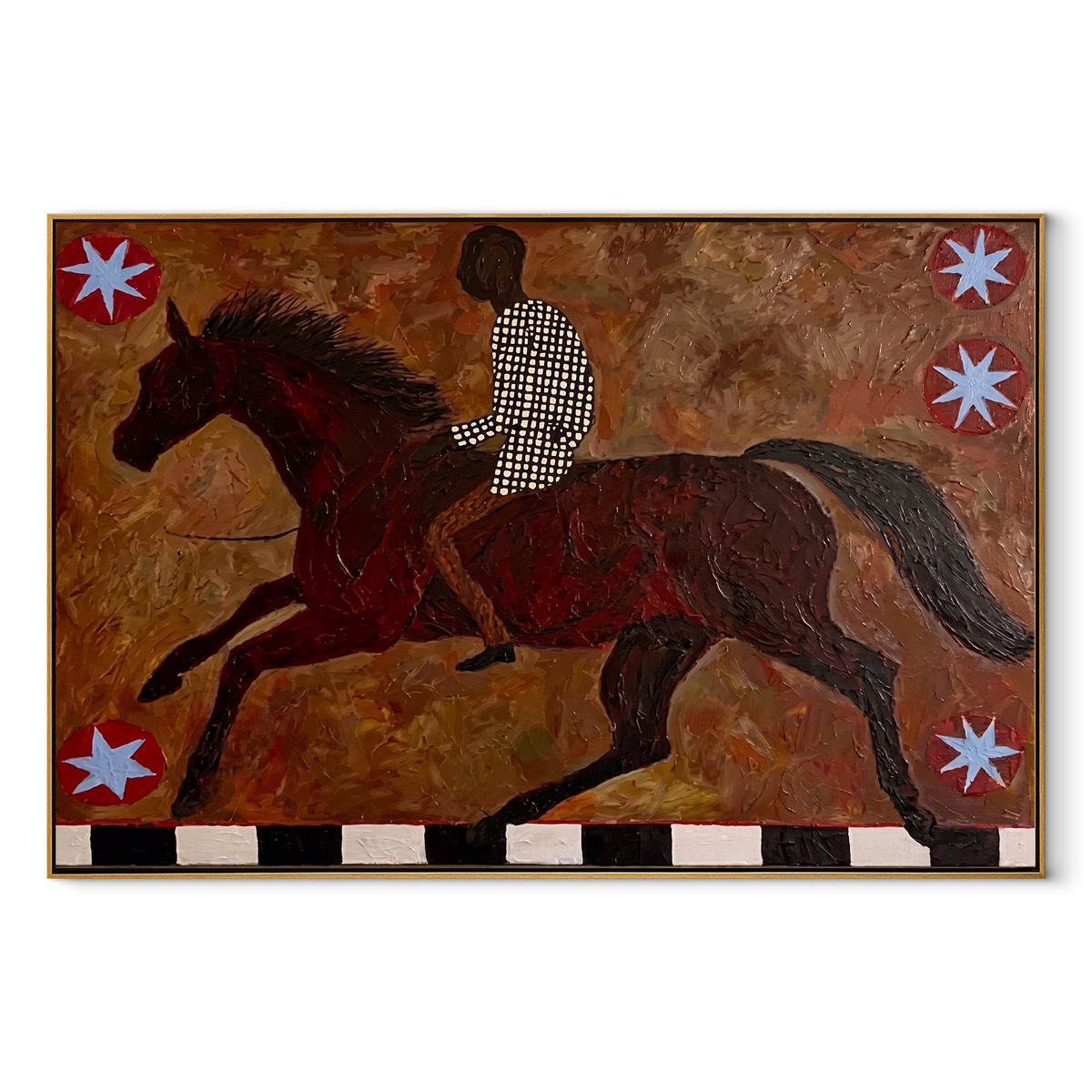 Checkered Rider Chases Stars equestrian horse painting, horizontal canvas artwork