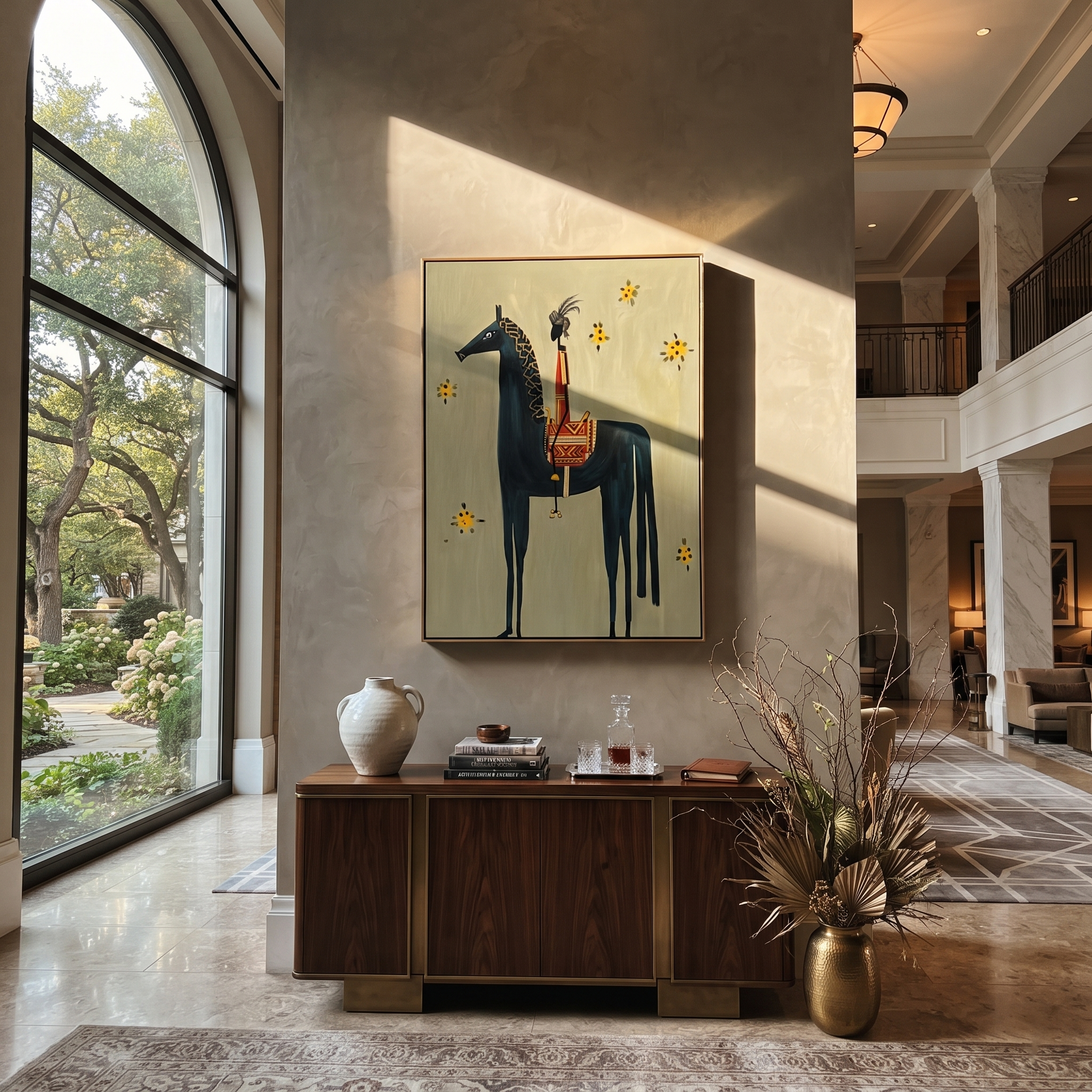Sunflowers Follow Tall Rider displayed in a collected contemporary interior