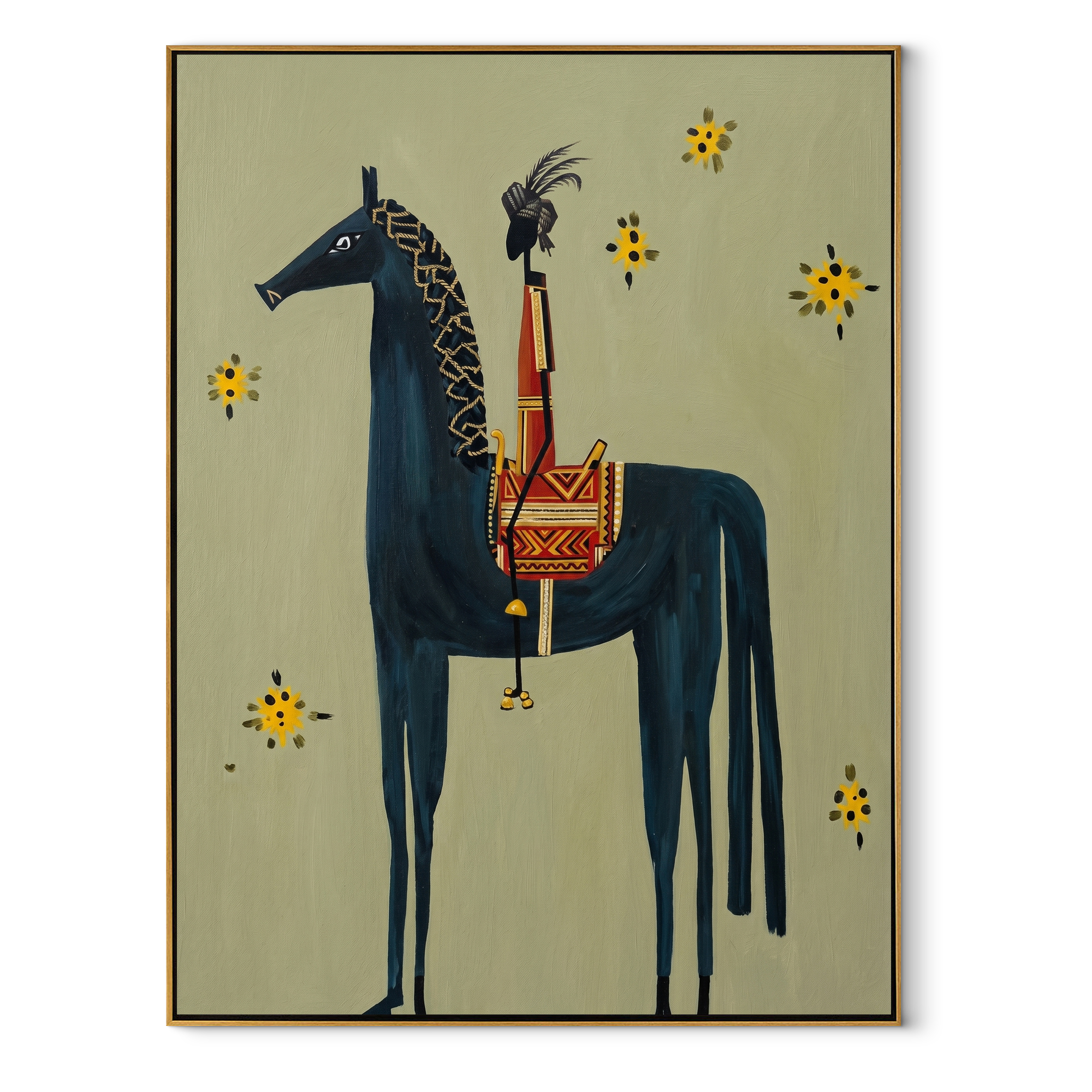 Sunflowers Follow Tall Rider equestrian horse painting, vertical canvas artwork